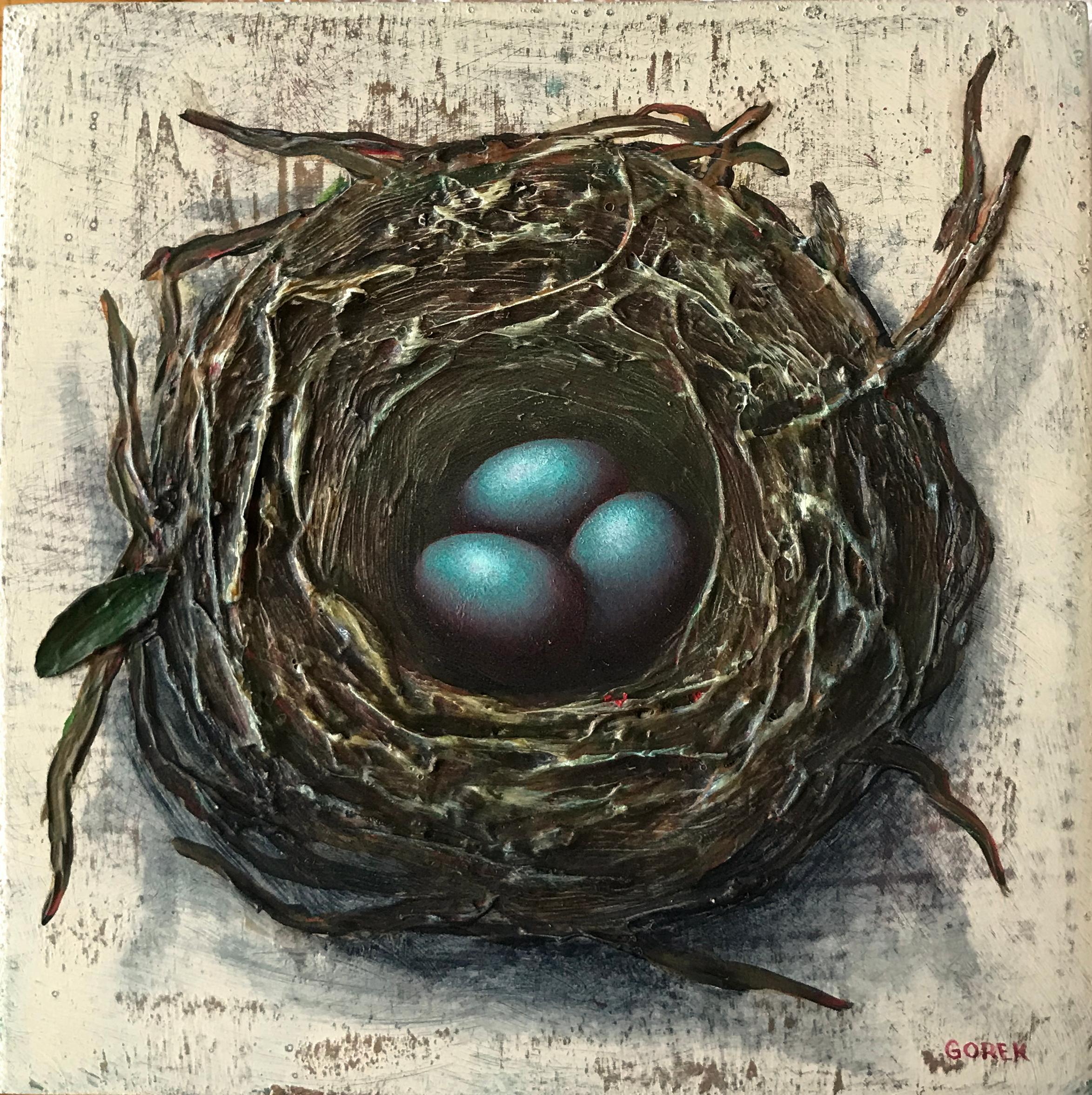 "Nido de pájaro, 3 huevos" de Thane Gorek, Pintura original en técnica mixta