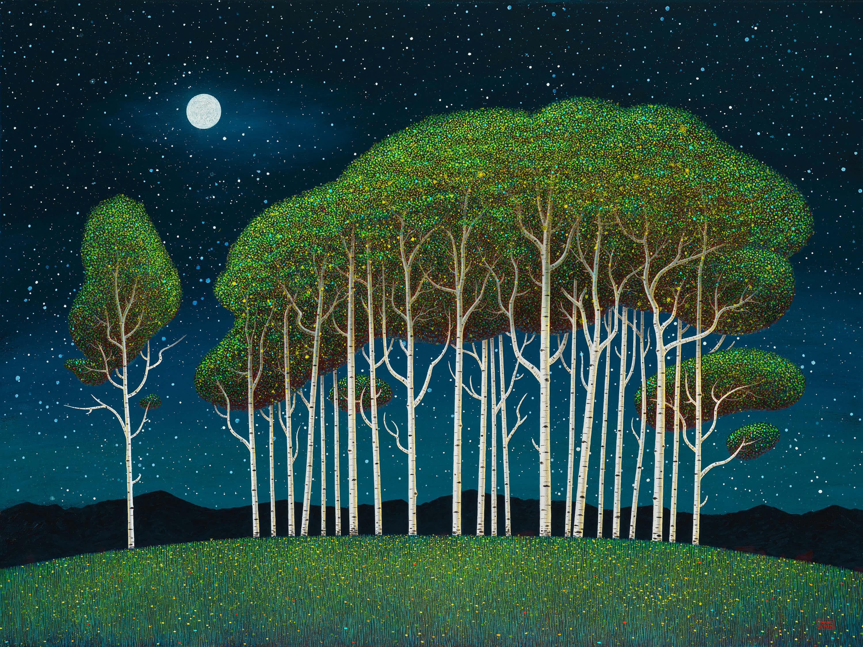 Thane Gorek Figurative Painting - "Emissary" (2025) Original Oil Painting, Aspen Trees at Night