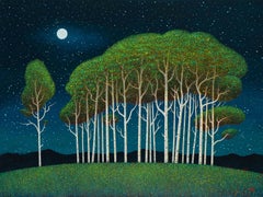 "Emissario" (2025) Pittura a olio originale, alberi di Aspen di notte