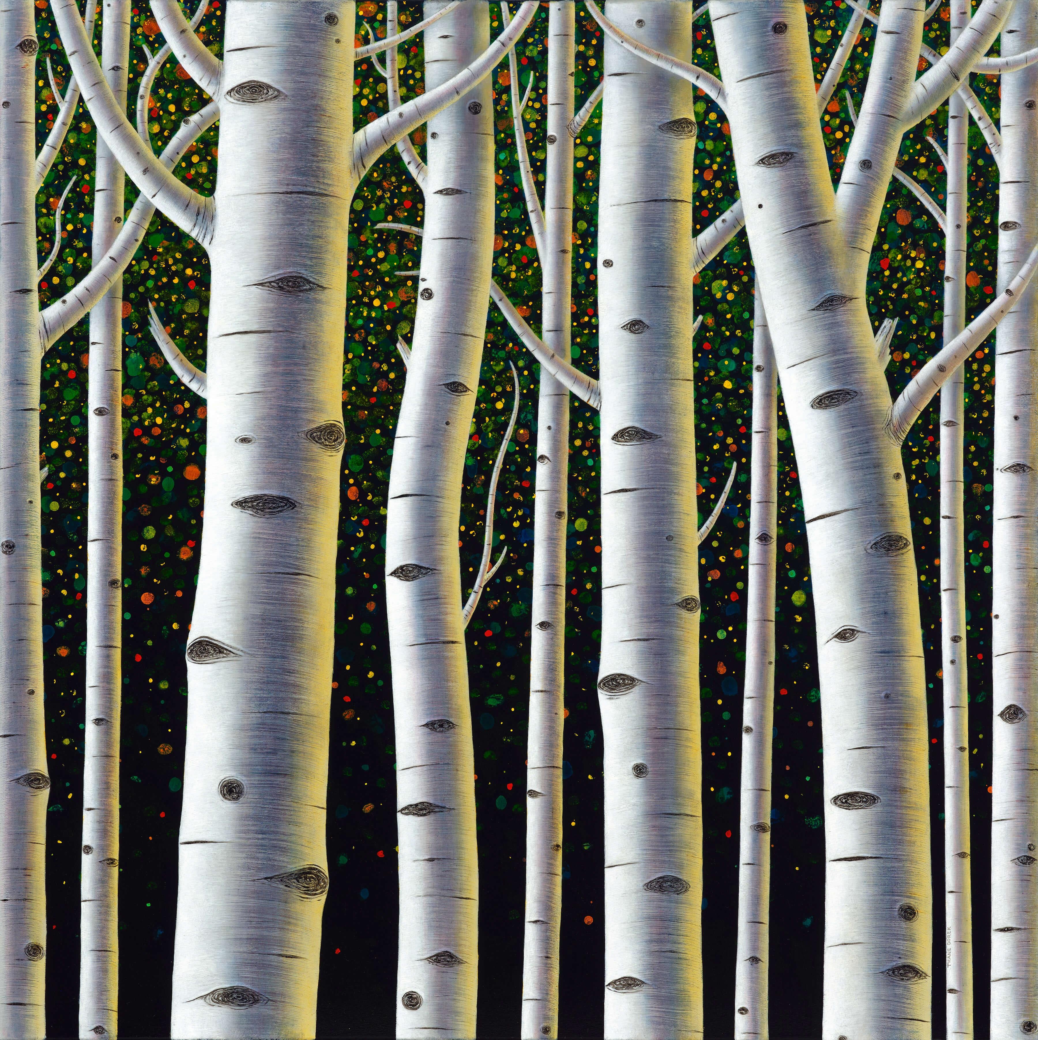 Figurative Painting de Thane Gorek - "Jolgorio" (2025) Pintura al Óleo Original, Árboles Aspen