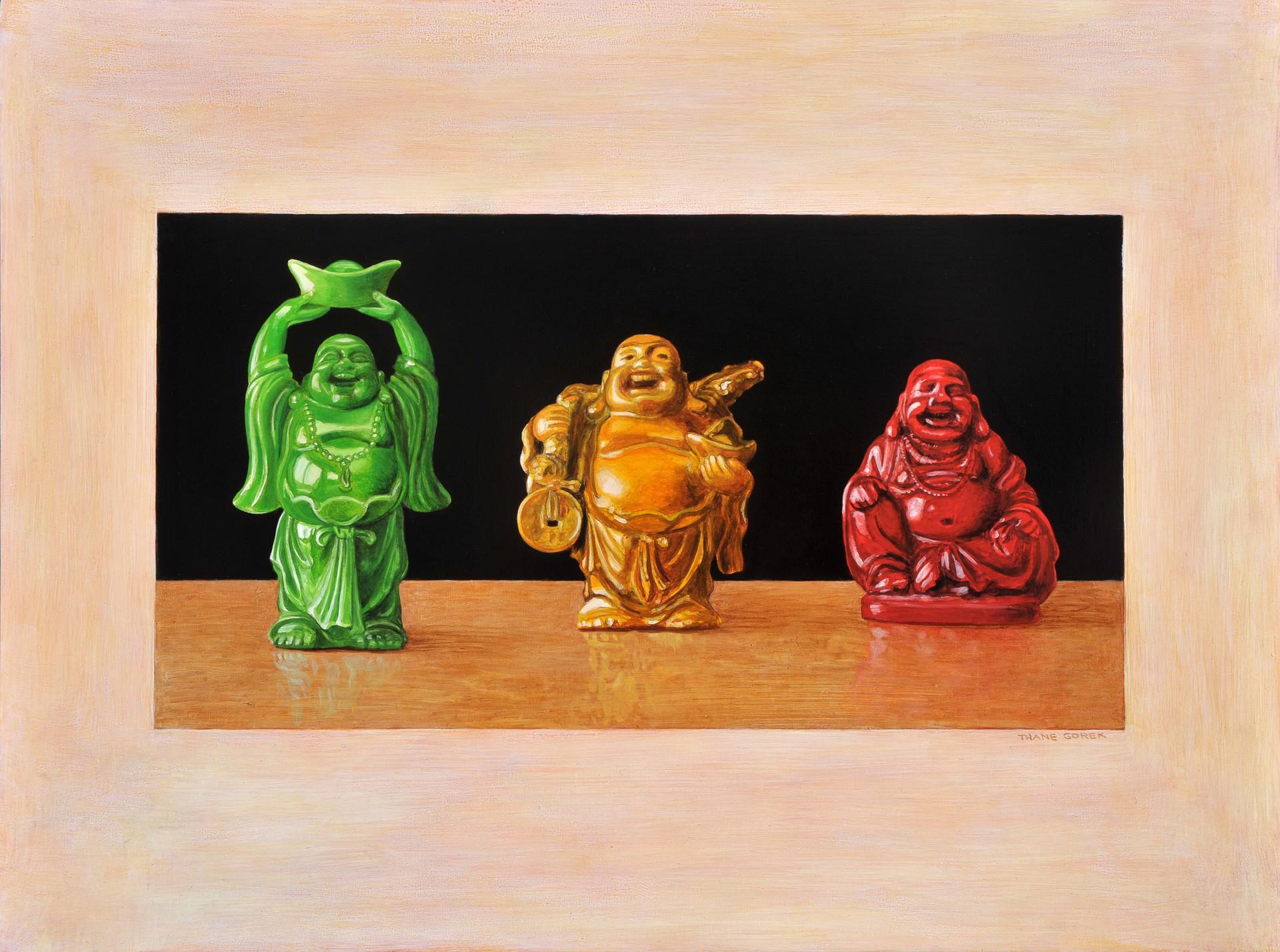 Thane Gorek Figurative Painting - Stop and Go Buddhas