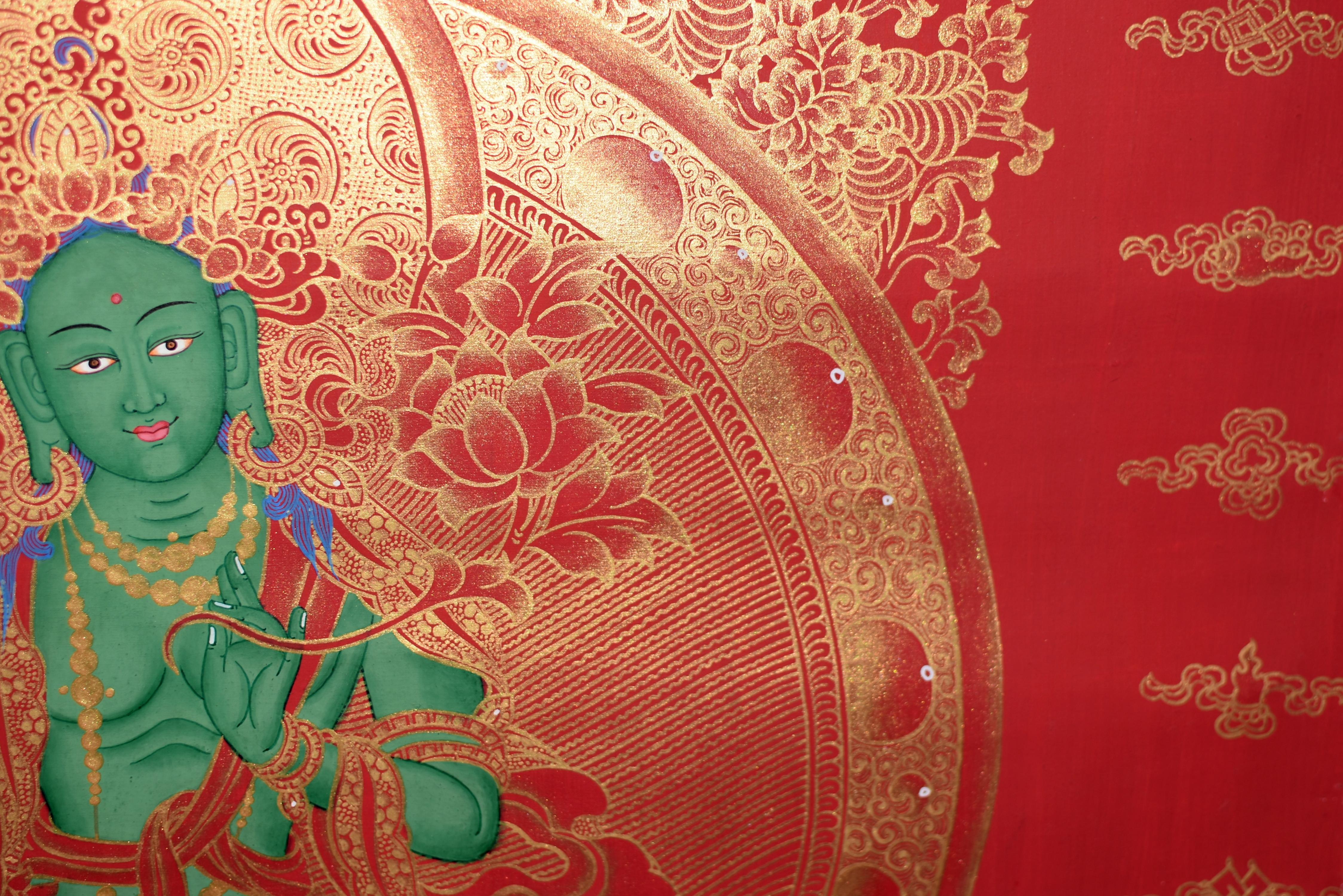 Thangka Tibetisches, handbemaltes, vergoldetes, grünes Tara-Gemälde im Angebot 3