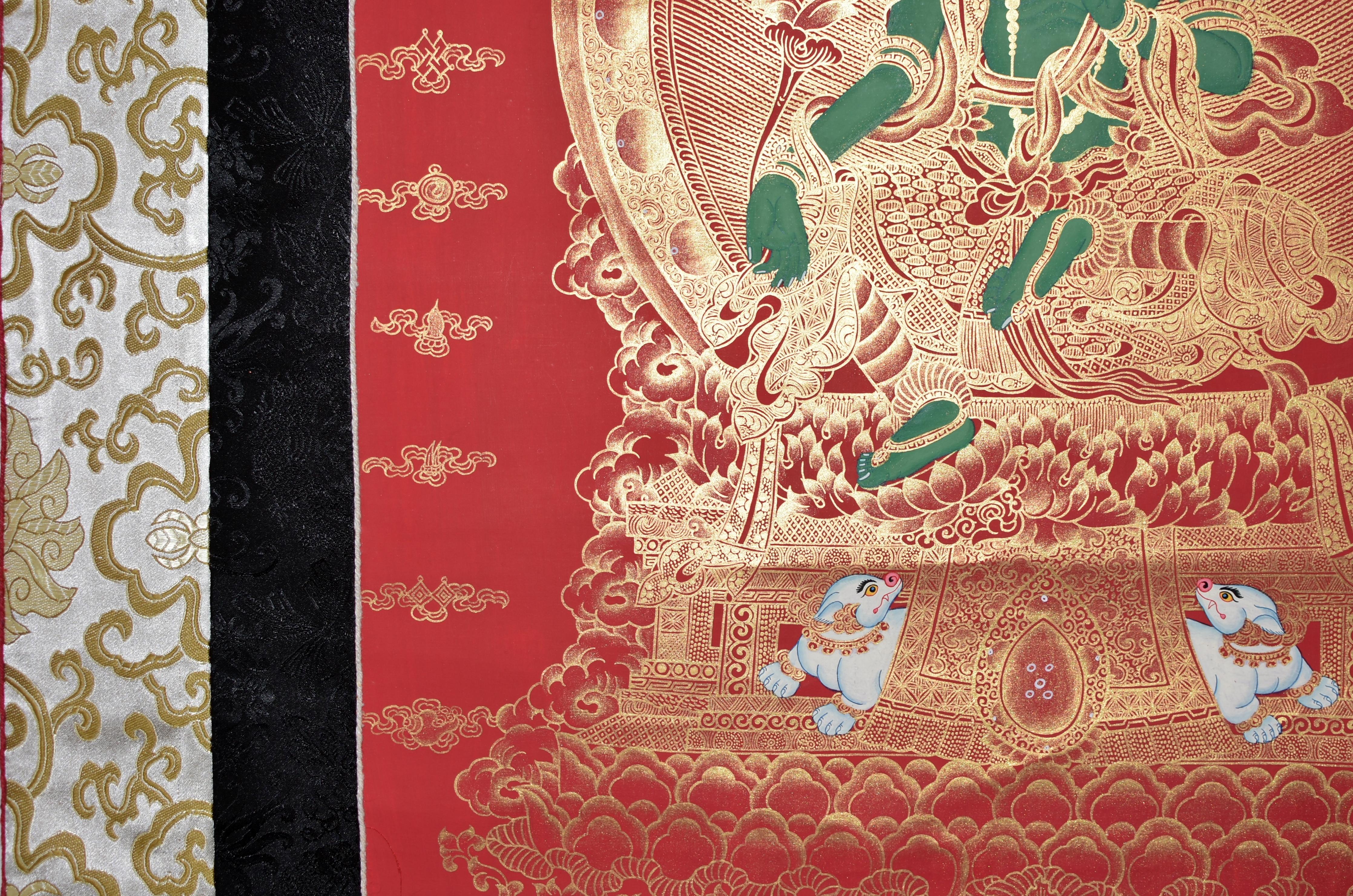 Thangka Tibetisches, handbemaltes, vergoldetes, grünes Tara-Gemälde im Angebot 4