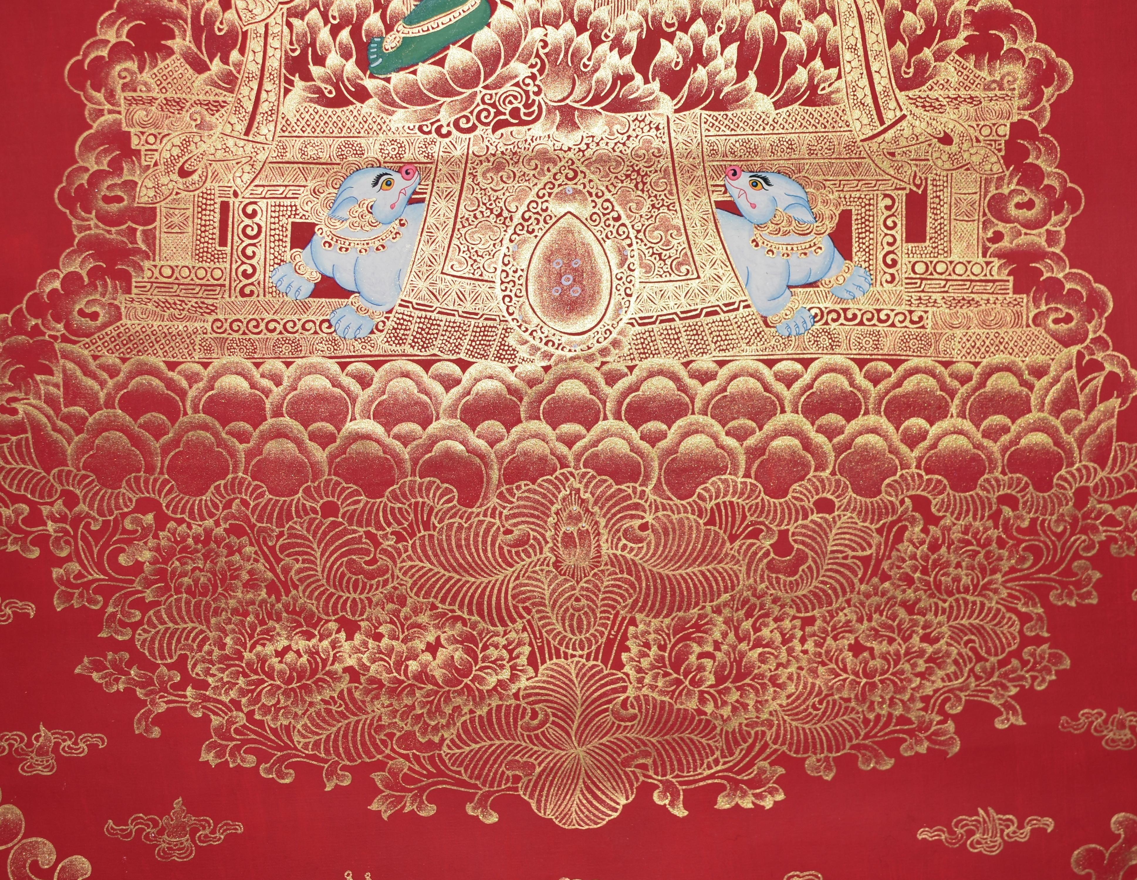 Thangka Tibetisches, handbemaltes, vergoldetes, grünes Tara-Gemälde im Angebot 6