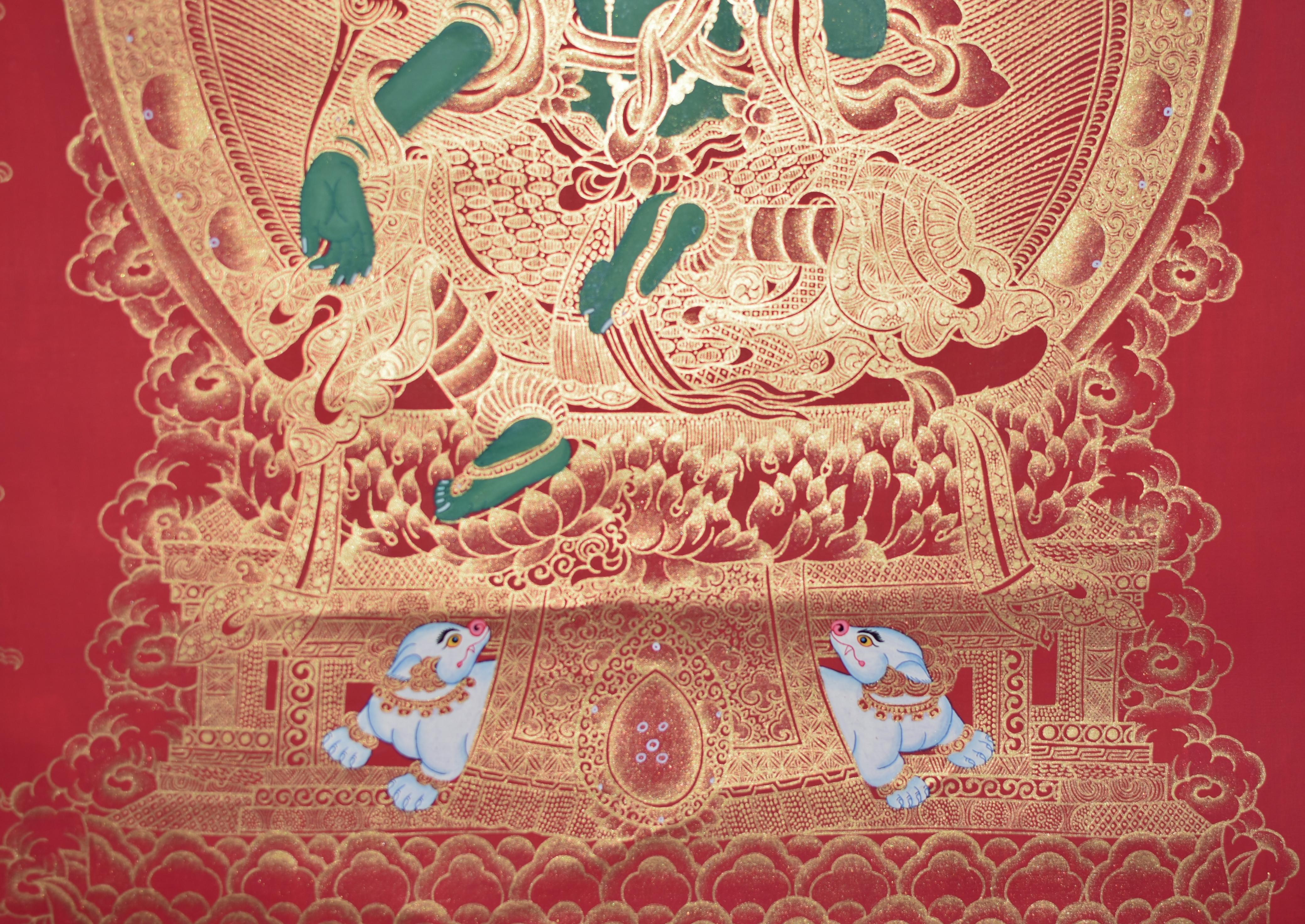 Thangka Tibetisches, handbemaltes, vergoldetes, grünes Tara-Gemälde im Angebot 7