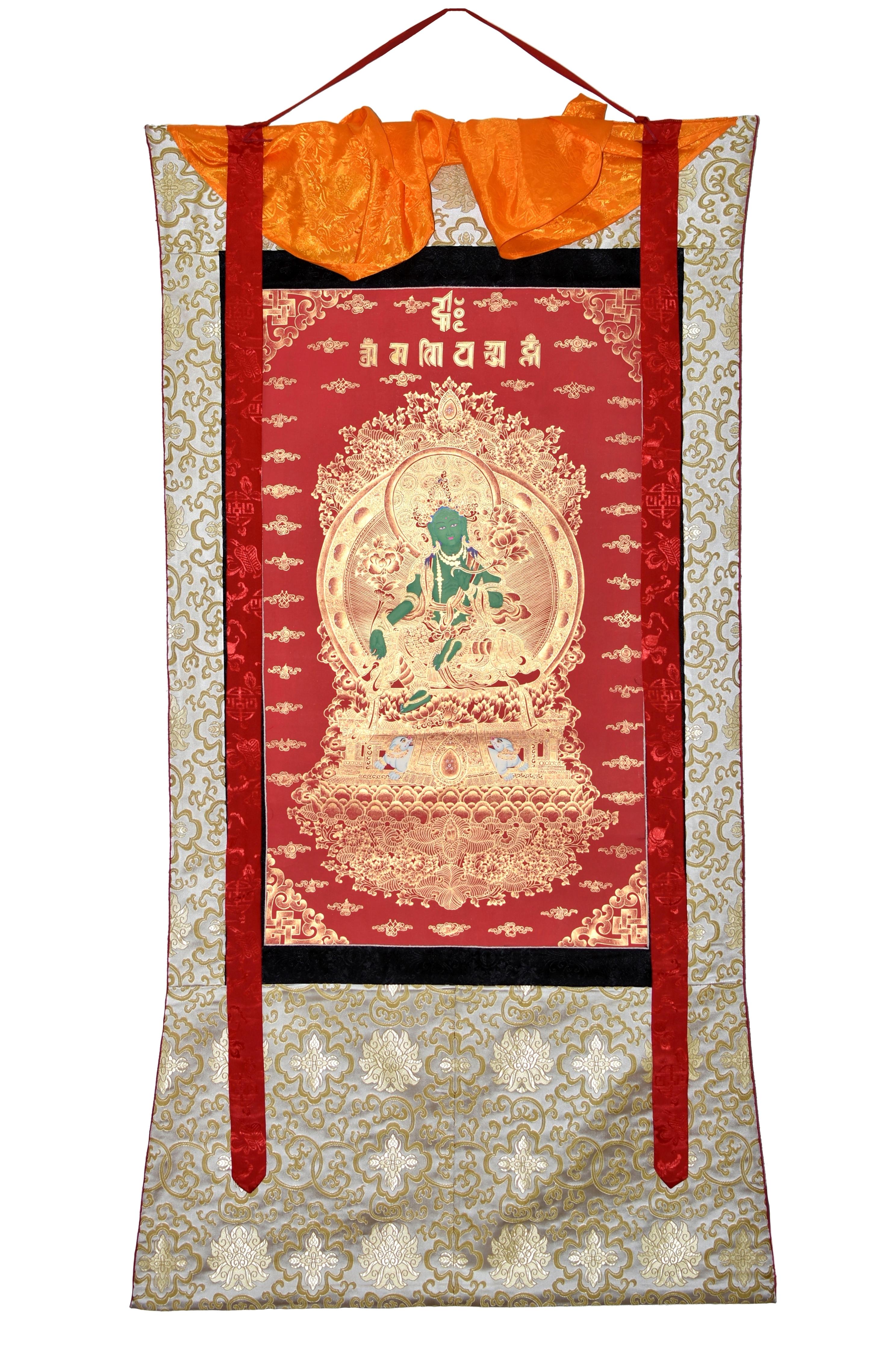 Thangka Tibetisches, handbemaltes, vergoldetes, grünes Tara-Gemälde im Angebot 12