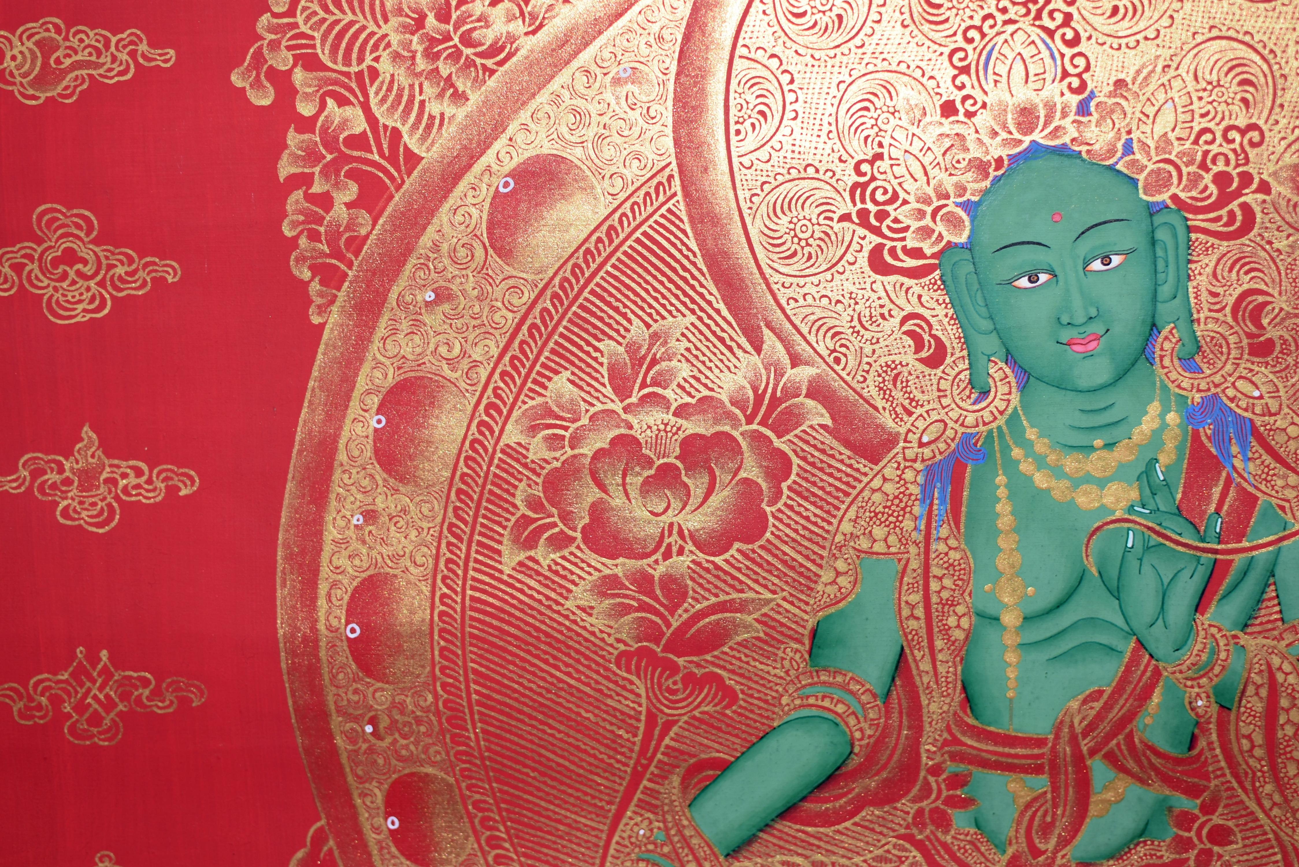 Thangka Tibetisches, handbemaltes, vergoldetes, grünes Tara-Gemälde (Nepalesisch) im Angebot