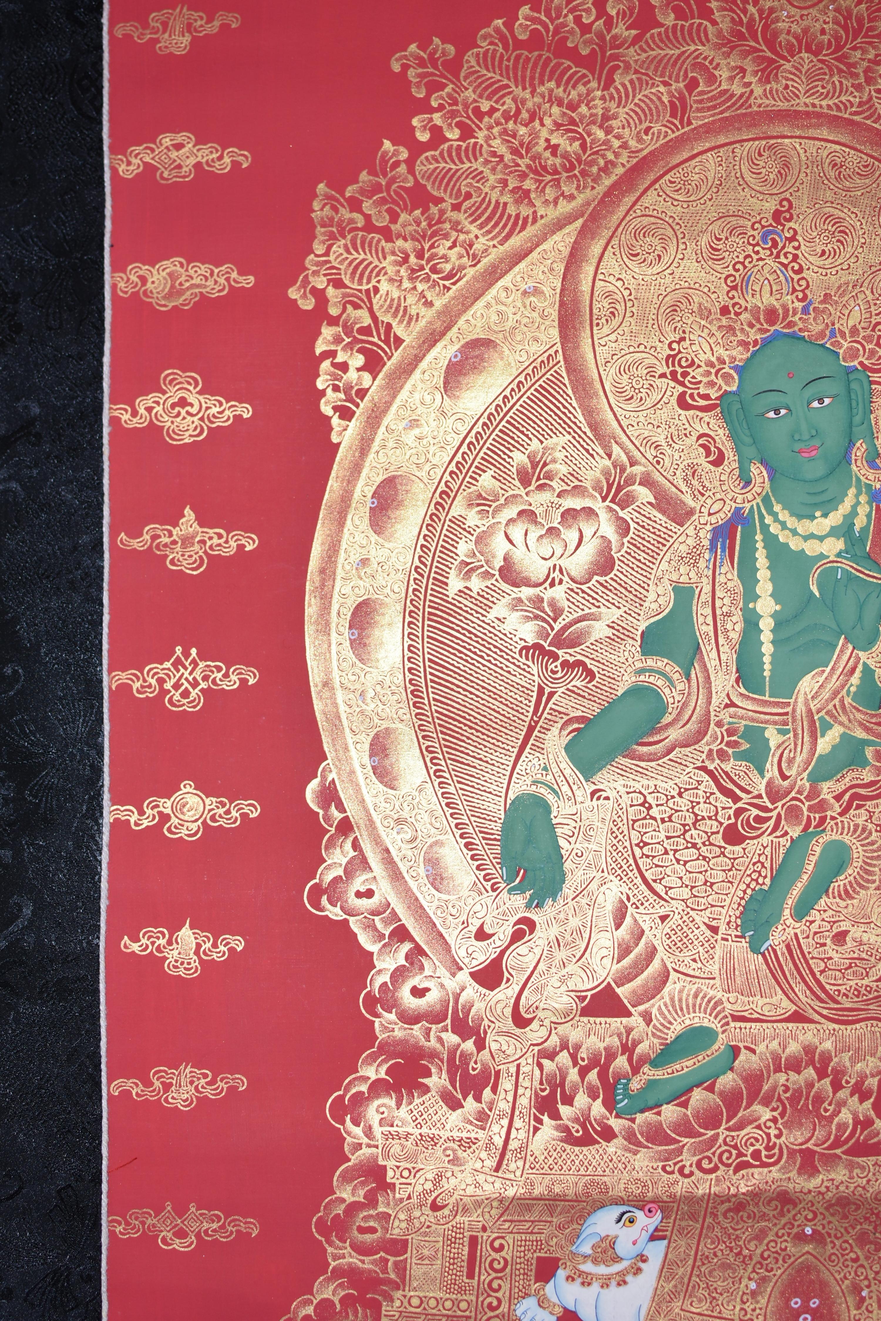 Thangka Tibetisches, handbemaltes, vergoldetes, grünes Tara-Gemälde (Vergoldet) im Angebot