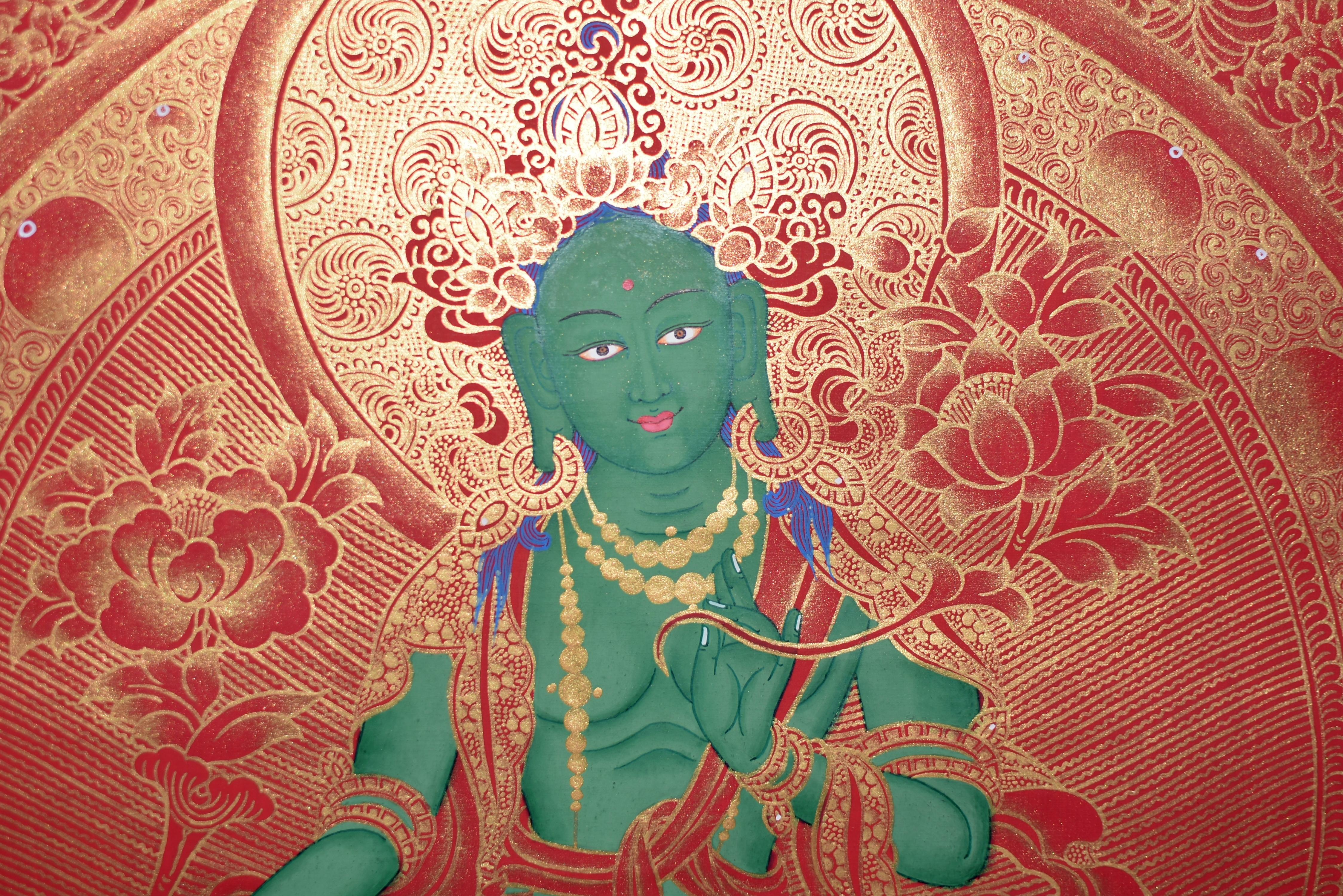 Thangka Tibetisches, handbemaltes, vergoldetes, grünes Tara-Gemälde im Zustand „Hervorragend“ im Angebot in Somis, CA