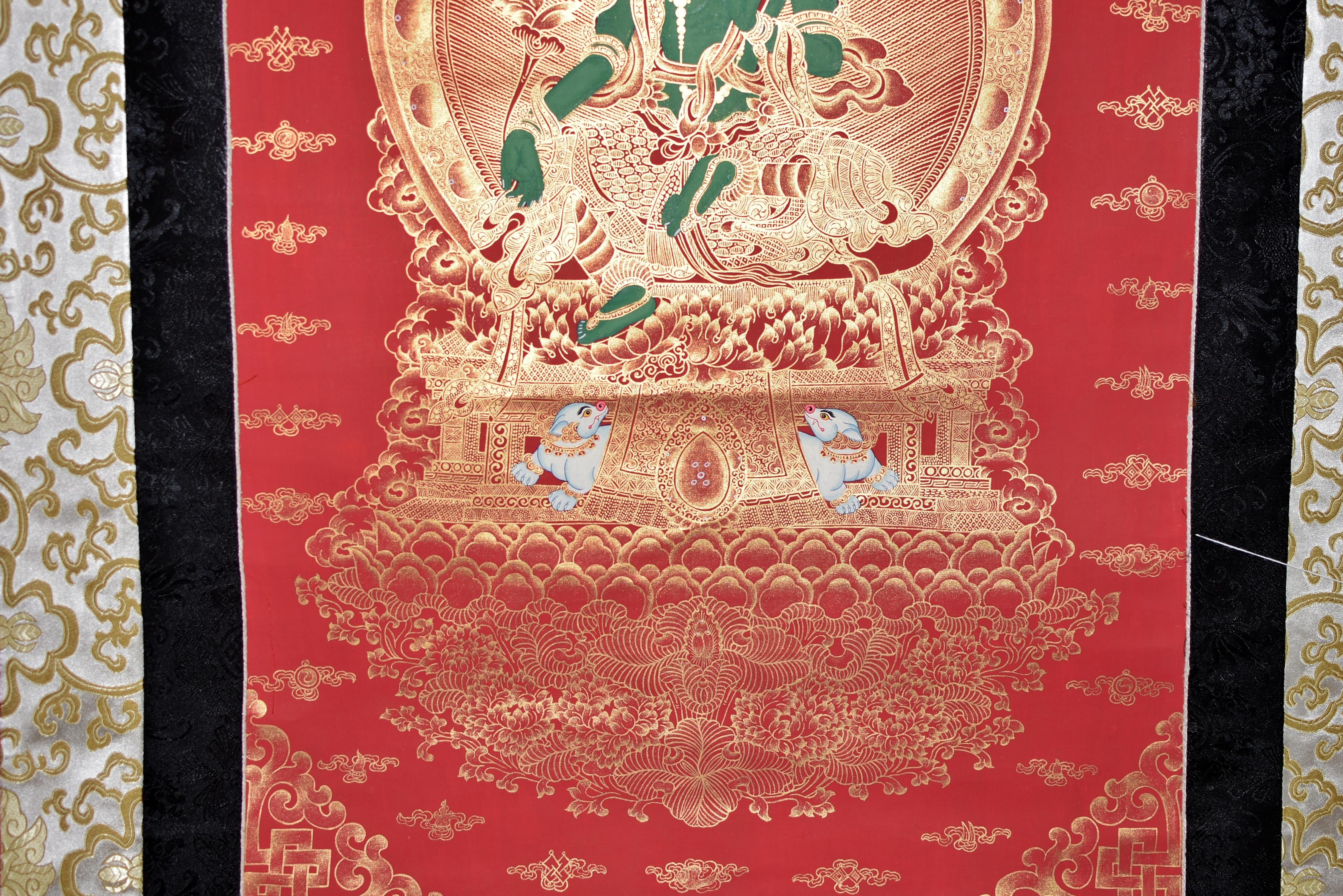 Brocade Thangka Tibetan Painting Green Tara Hand Painted Gilt For Sale