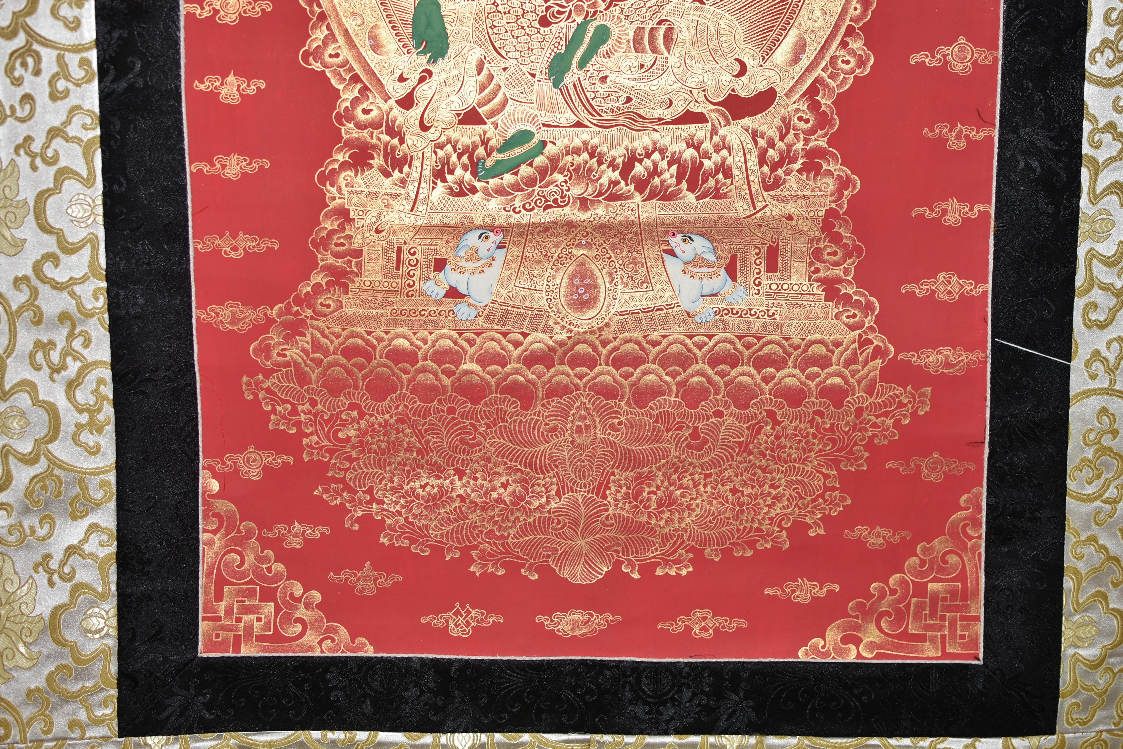 Thangka Tibetisches, handbemaltes, vergoldetes, grünes Tara-Gemälde (Brokat) im Angebot