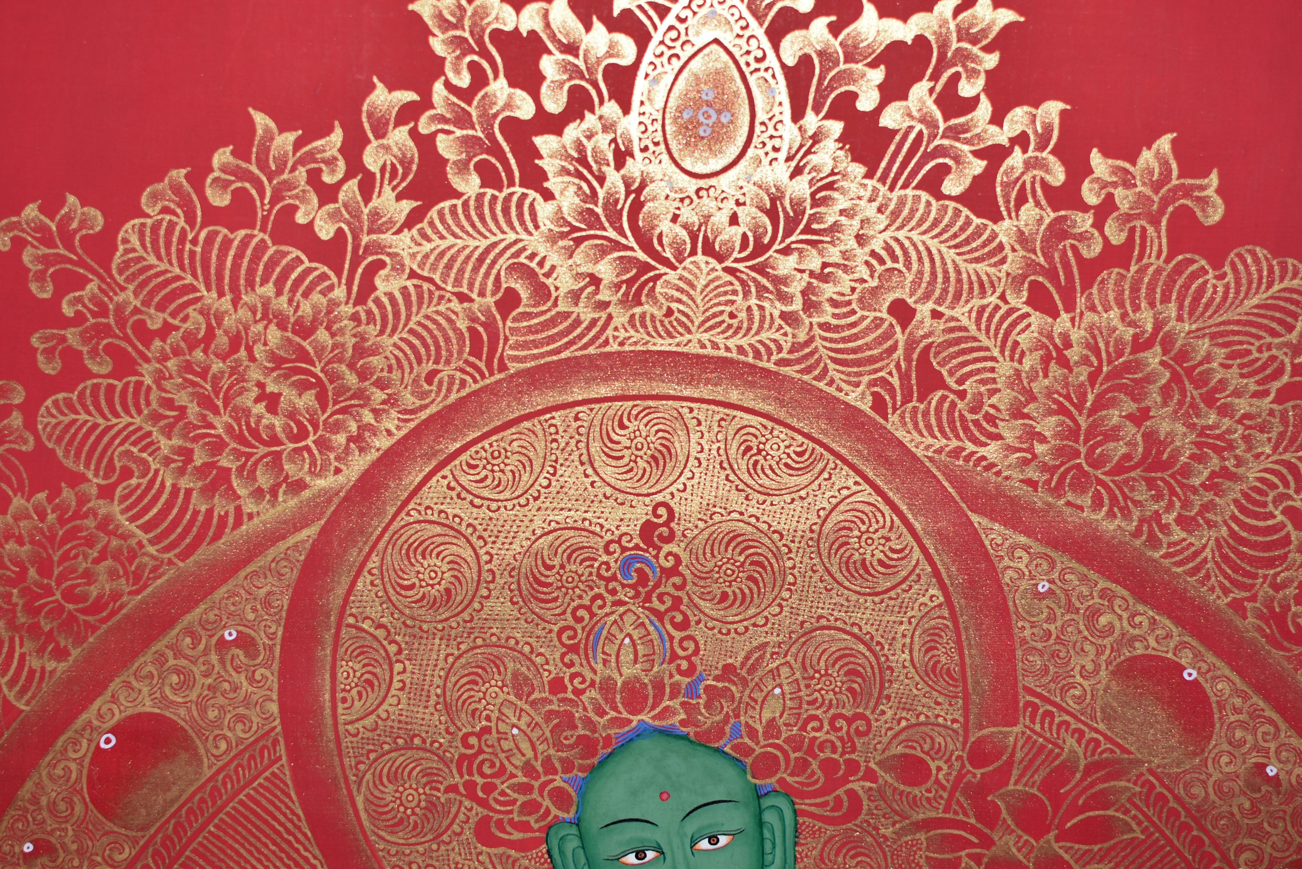 Thangka Tibetisches, handbemaltes, vergoldetes, grünes Tara-Gemälde im Angebot 2