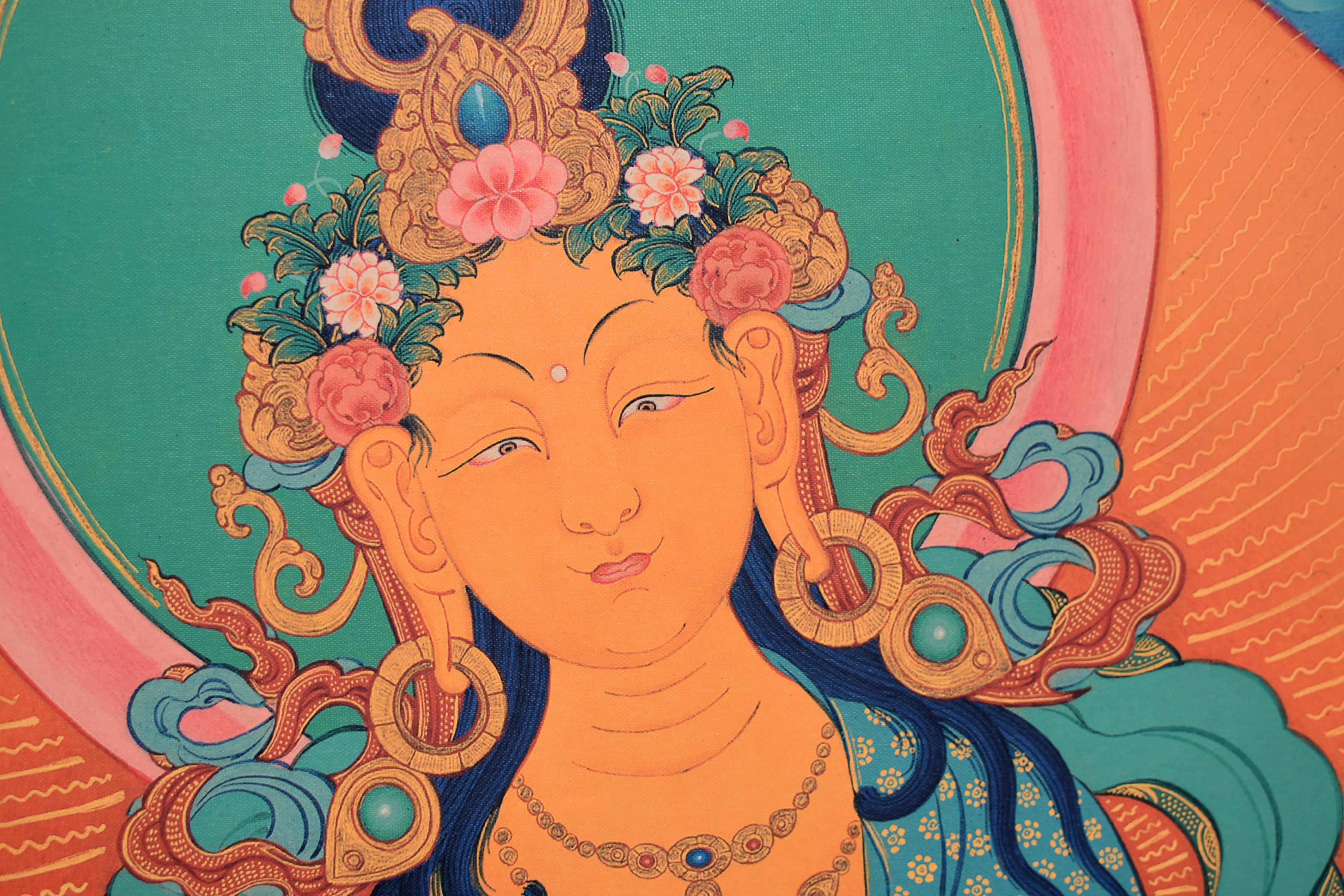 Thangka Arte Tibetano Tara Verde en venta 5