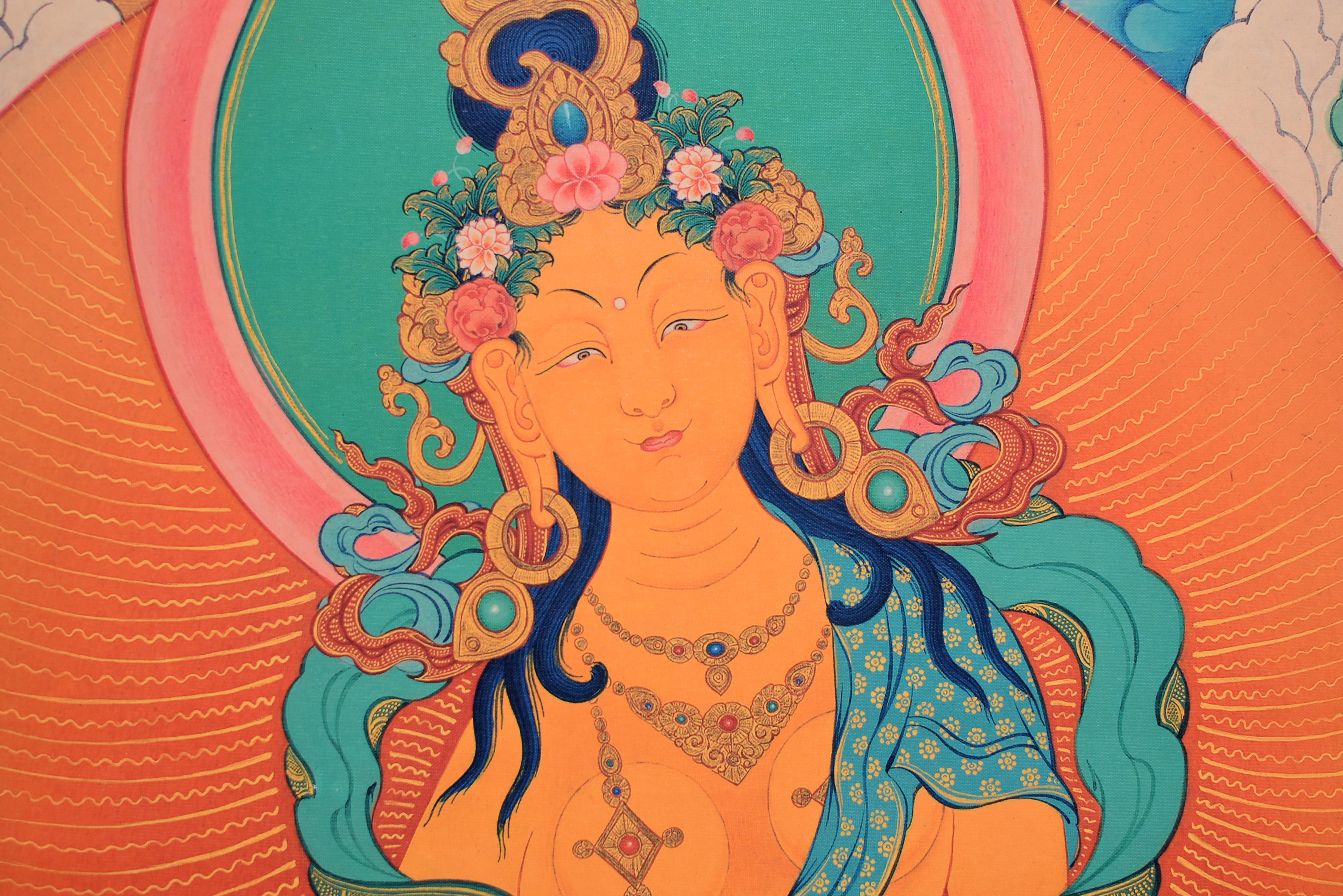 Thangka Arte Tibetano Tara Verde en Excelente estado para la venta en Somis, CA