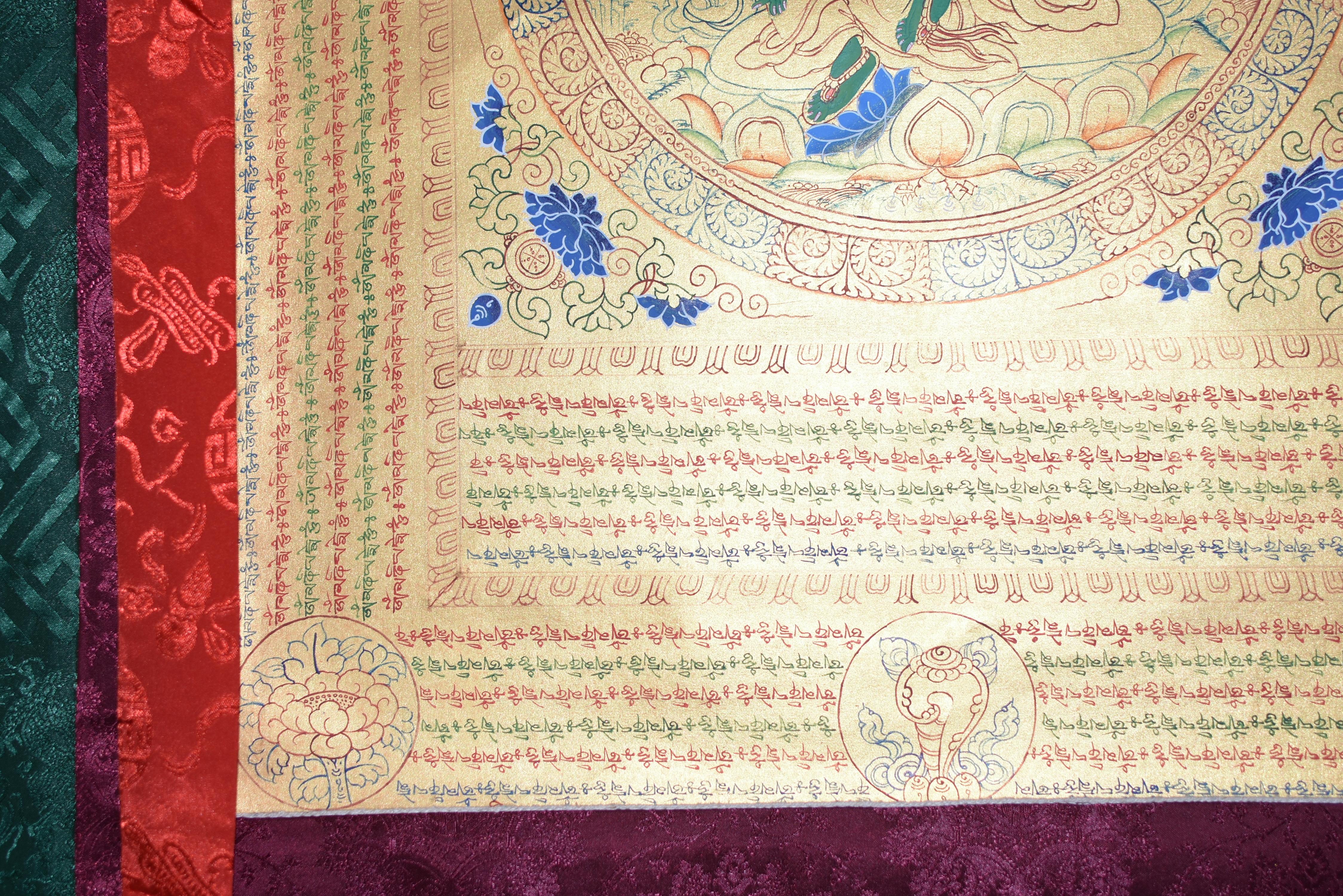 Thangka Green Tara w Mantra Hand Painted Tibetan Painting  For Sale 4