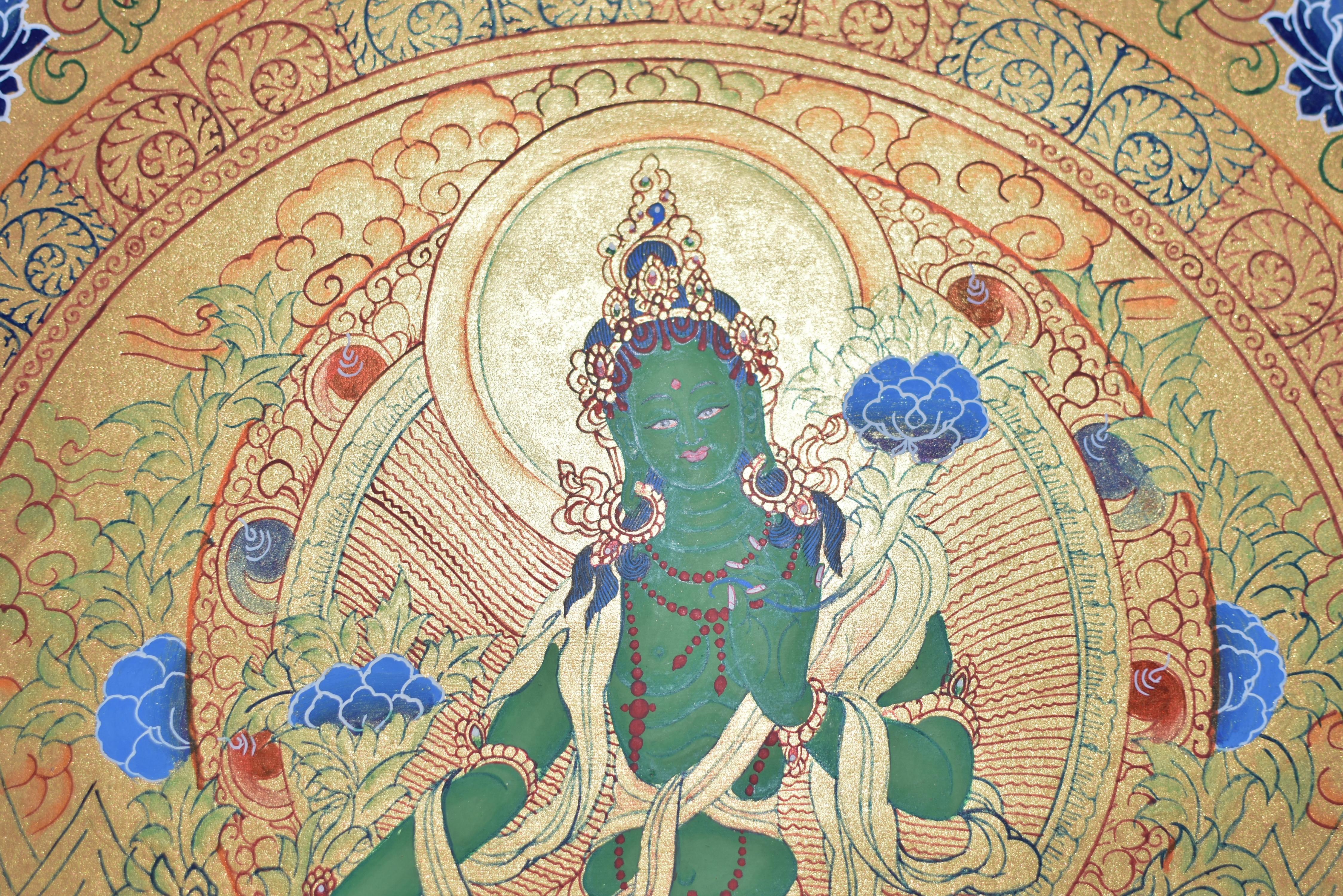 Thangka Green Tara w Mantra Hand Painted Tibetan Painting  For Sale 9