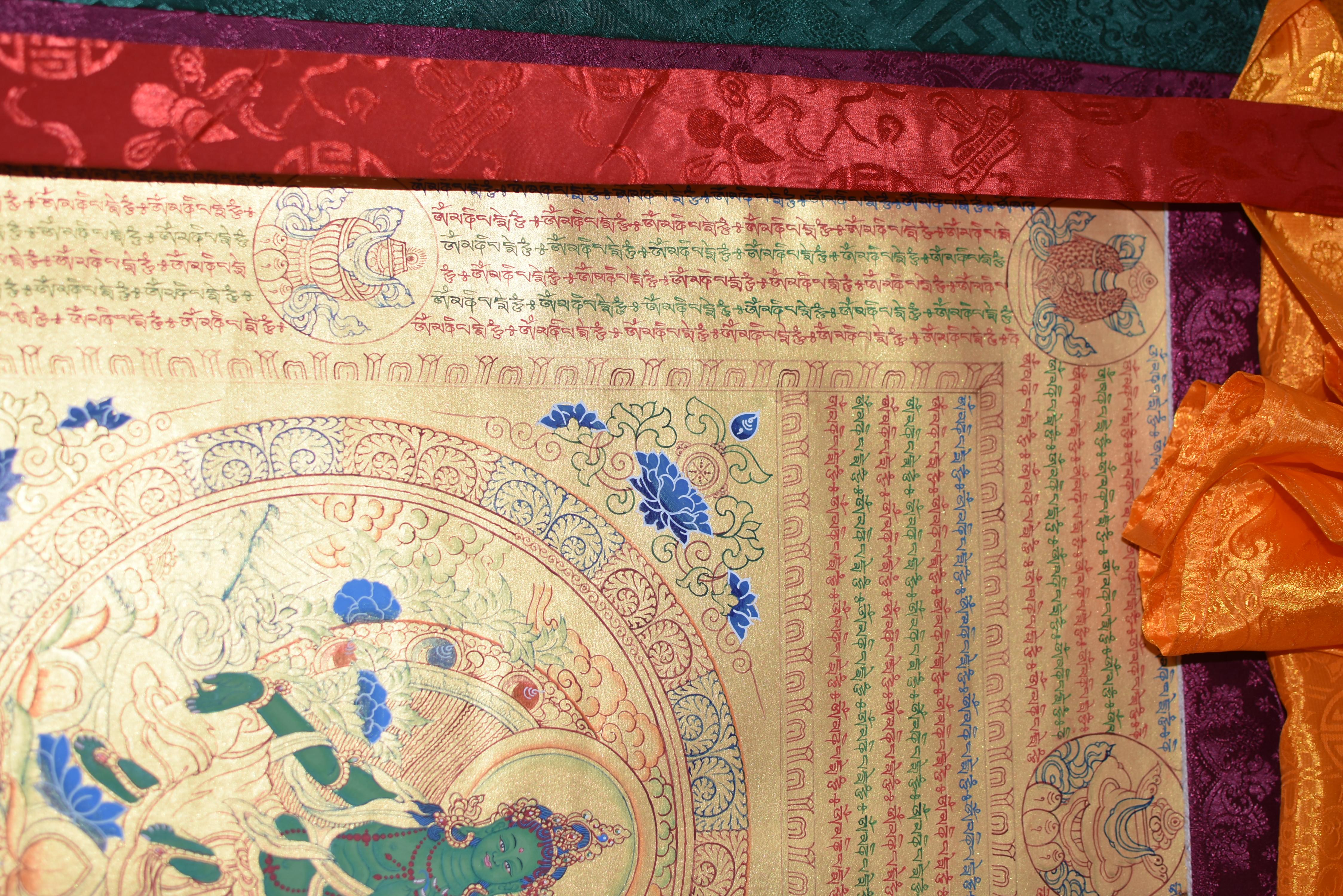Thangka Green Tara w Mantra Hand Painted Tibetan Painting  For Sale 10