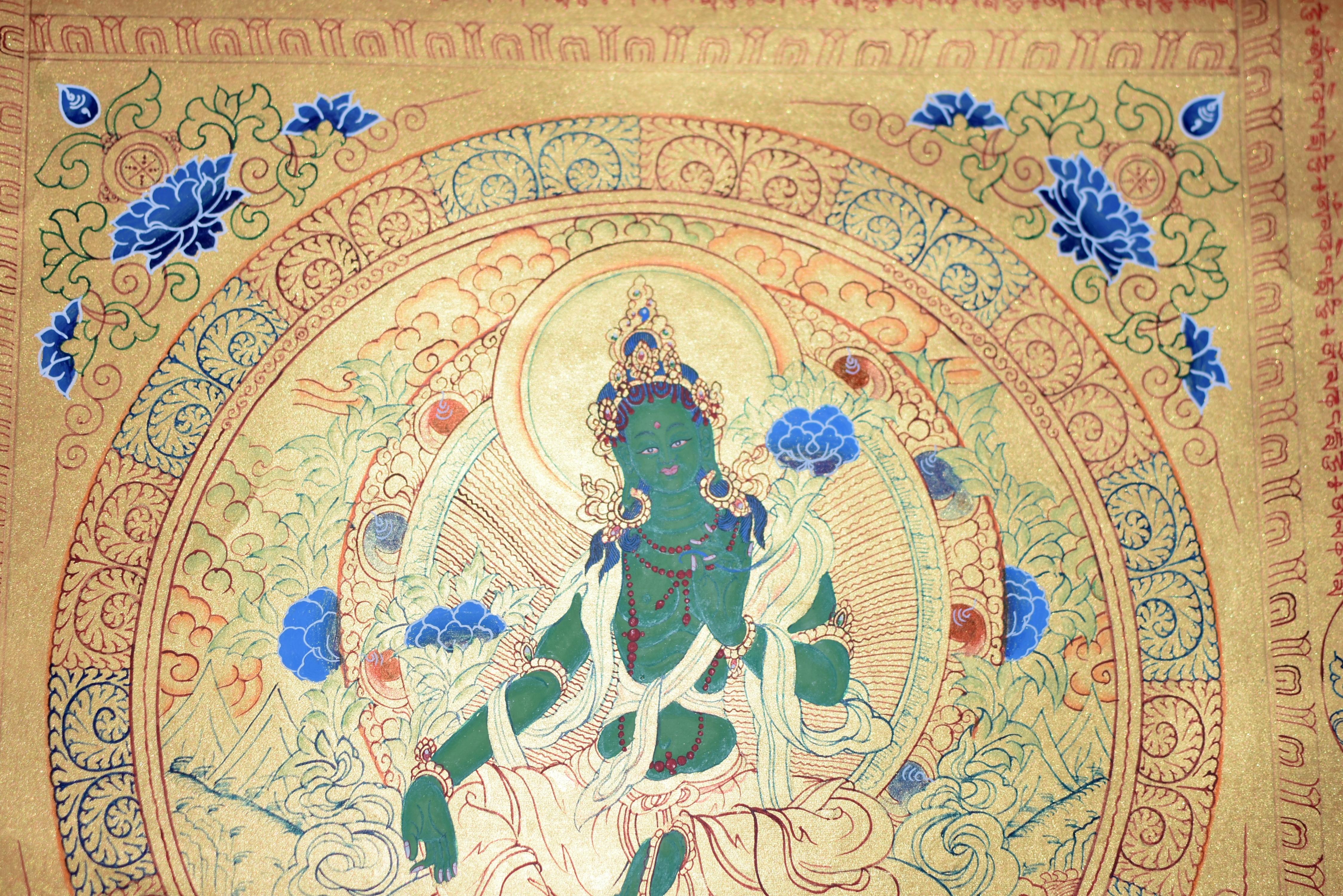 Thangka Green Tara w Mantra Hand Painted Tibetan Painting  In Excellent Condition For Sale In Somis, CA