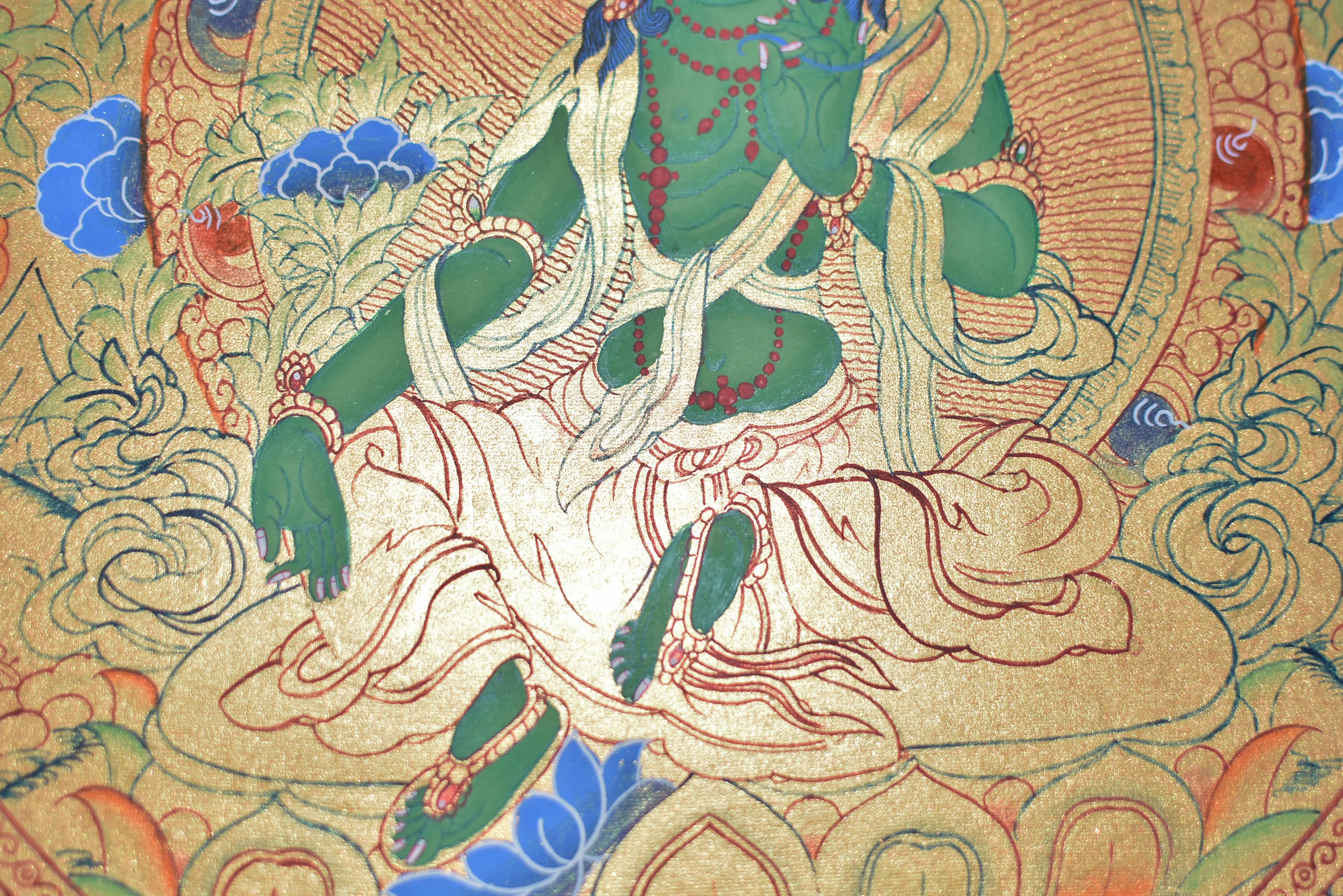 Brocade Thangka Green Tara w Mantra Hand Painted Tibetan Painting  For Sale