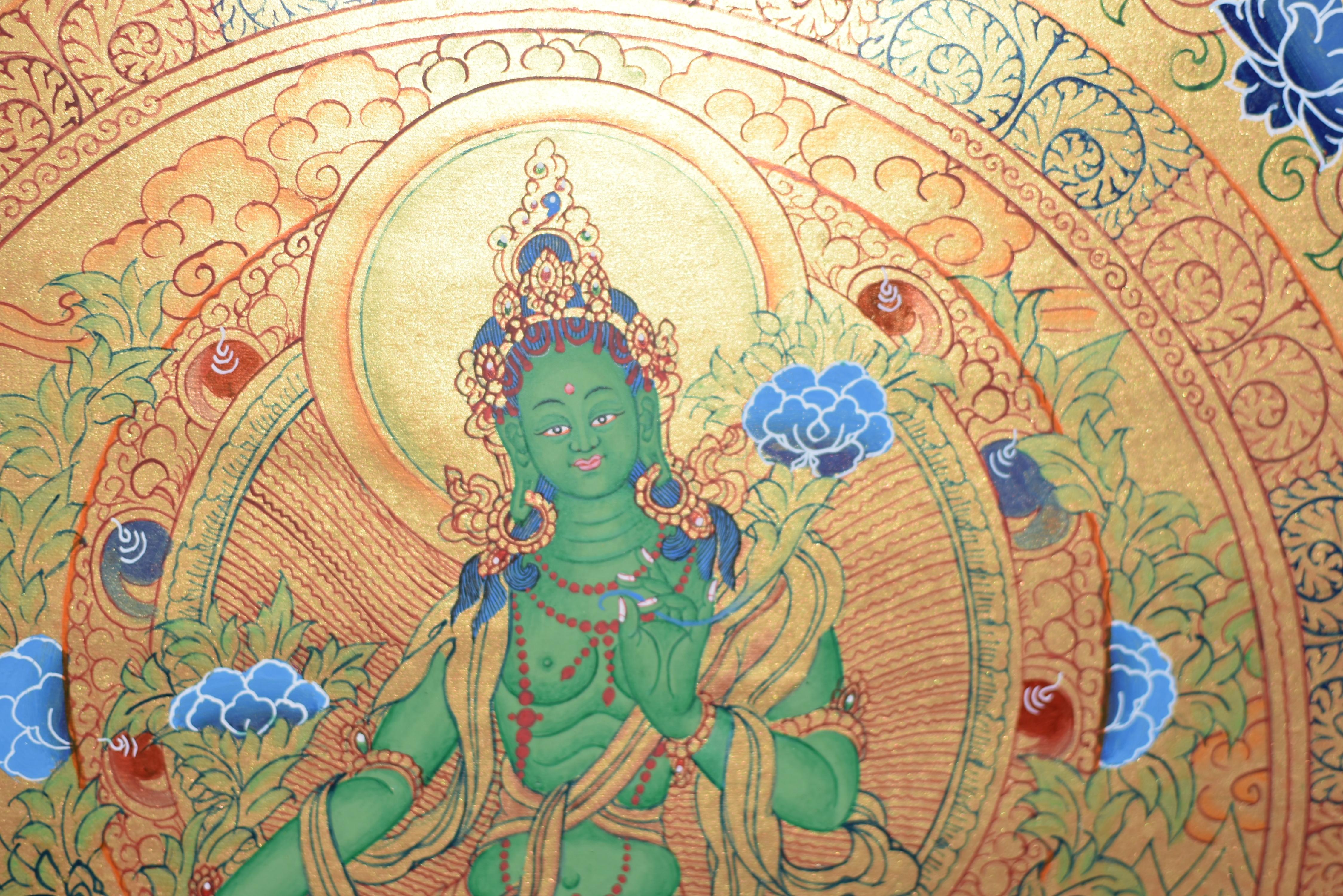 Hand-Painted Thangka Green Tara w Mantra Hand Painted Tibetan Painting  For Sale
