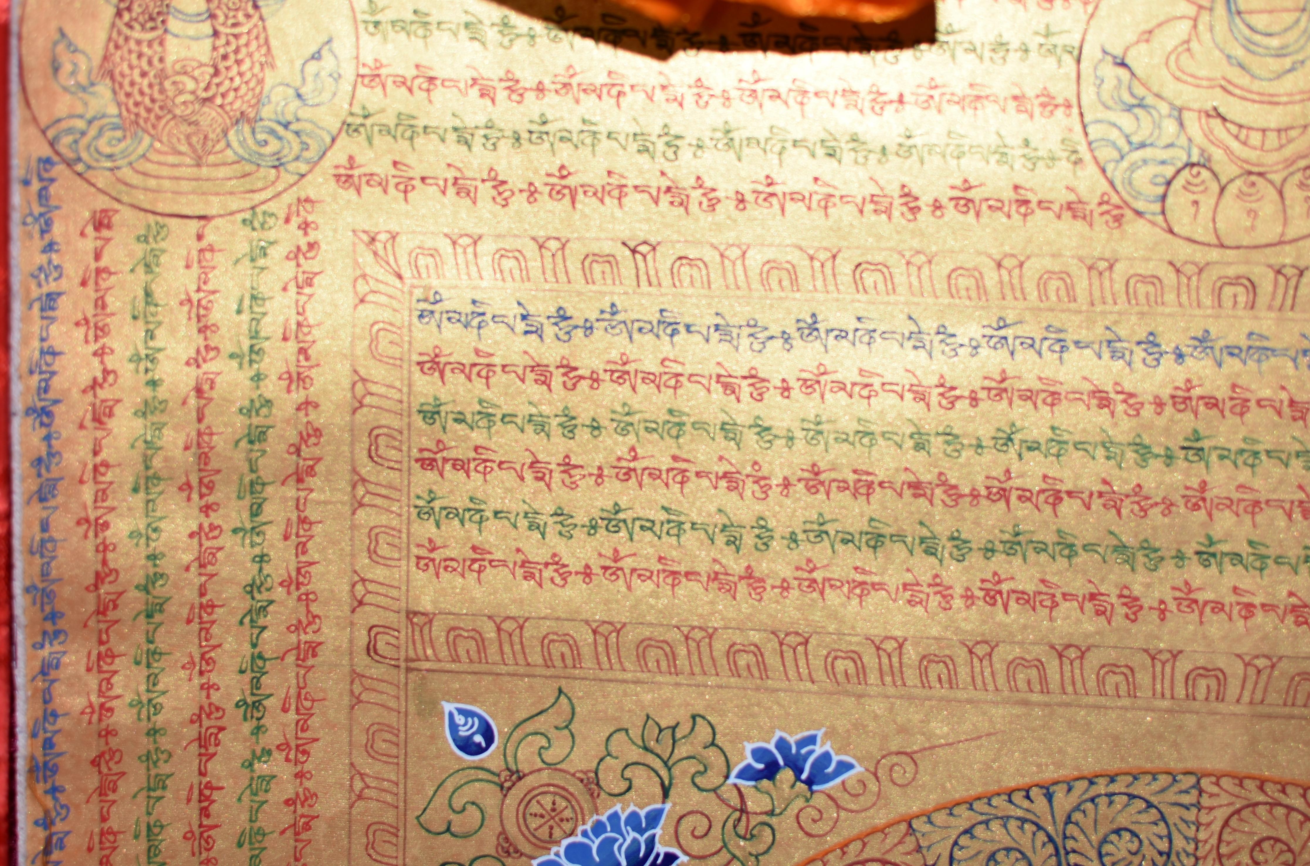 Thangka Green Tara w Mantra Hand Painted Tibetan Painting  For Sale 1