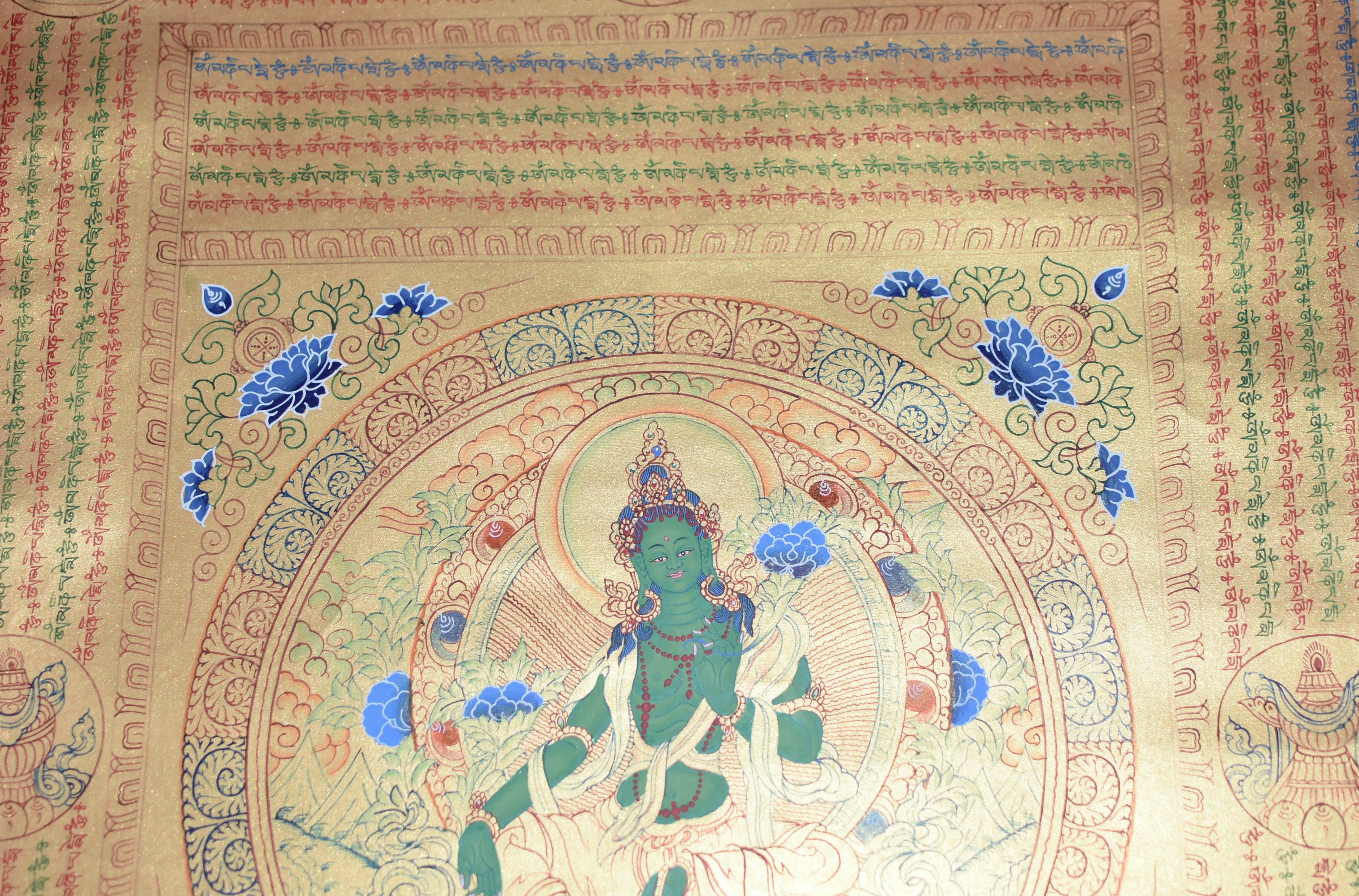 Thangka Green Tara w Mantra Hand Painted Tibetan Painting  For Sale 2