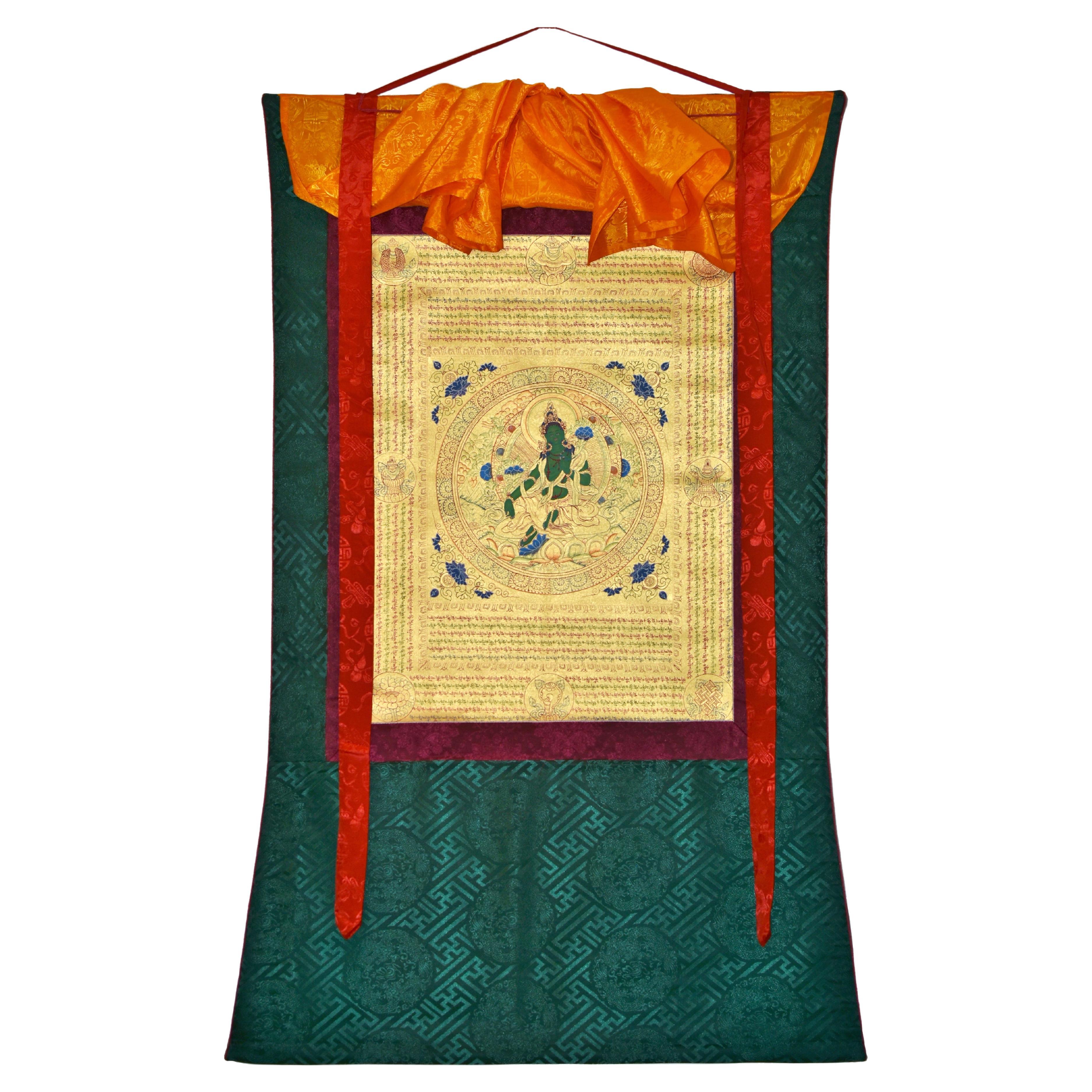 Thangka Green Tara w Mantra Hand Painted Tibetan Painting  For Sale