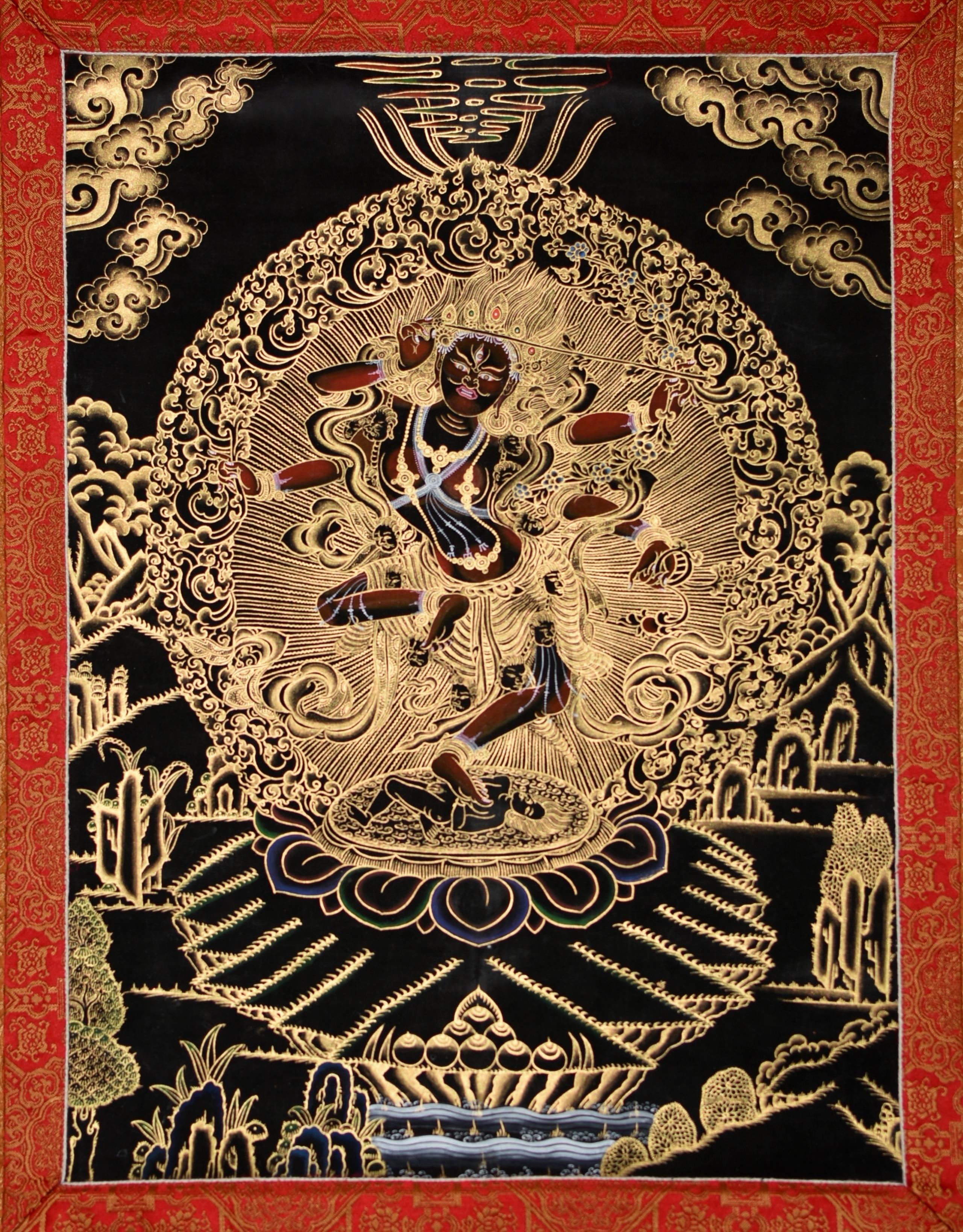 A sublime, rare Thangka of Goddess Kurukulla, the Red Tara, finely portraited by a master artist in Nepal. Kurukulla comes to the aid of love and relationships by compassionately leading the partners to the path of united harmony. In this special