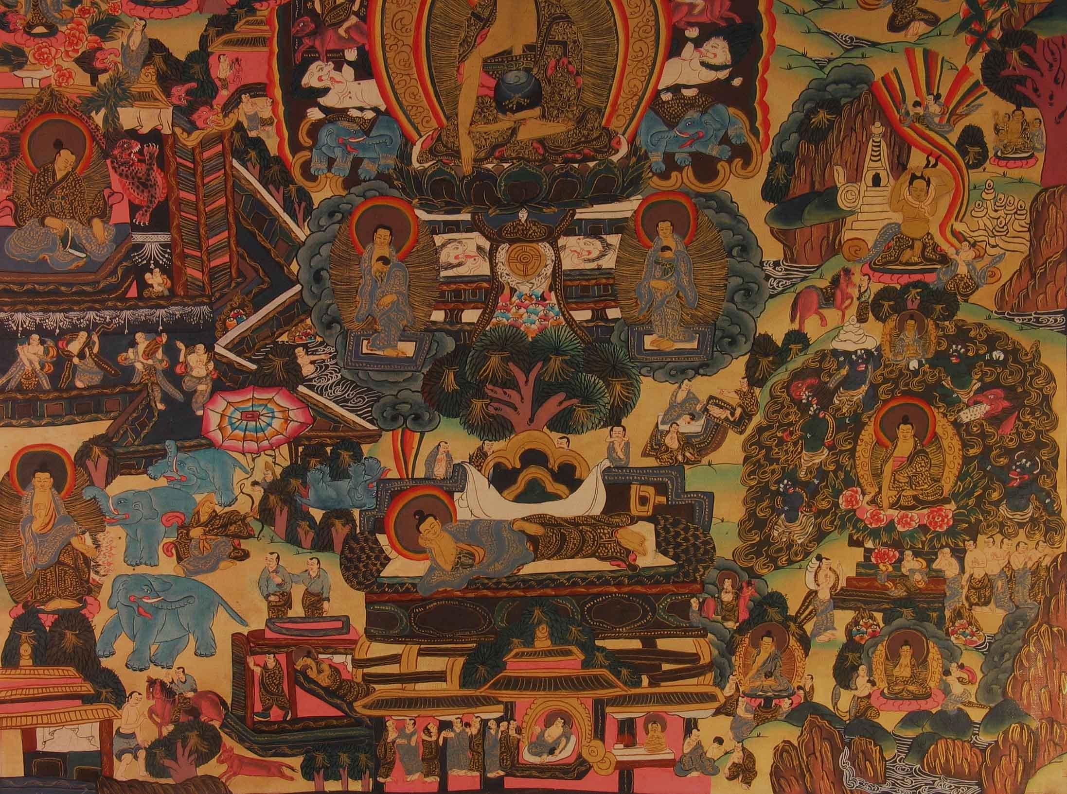 Tibetan Thangka of Shakyamuni Buddha and His Life Stories Tibet, Early 20th Century