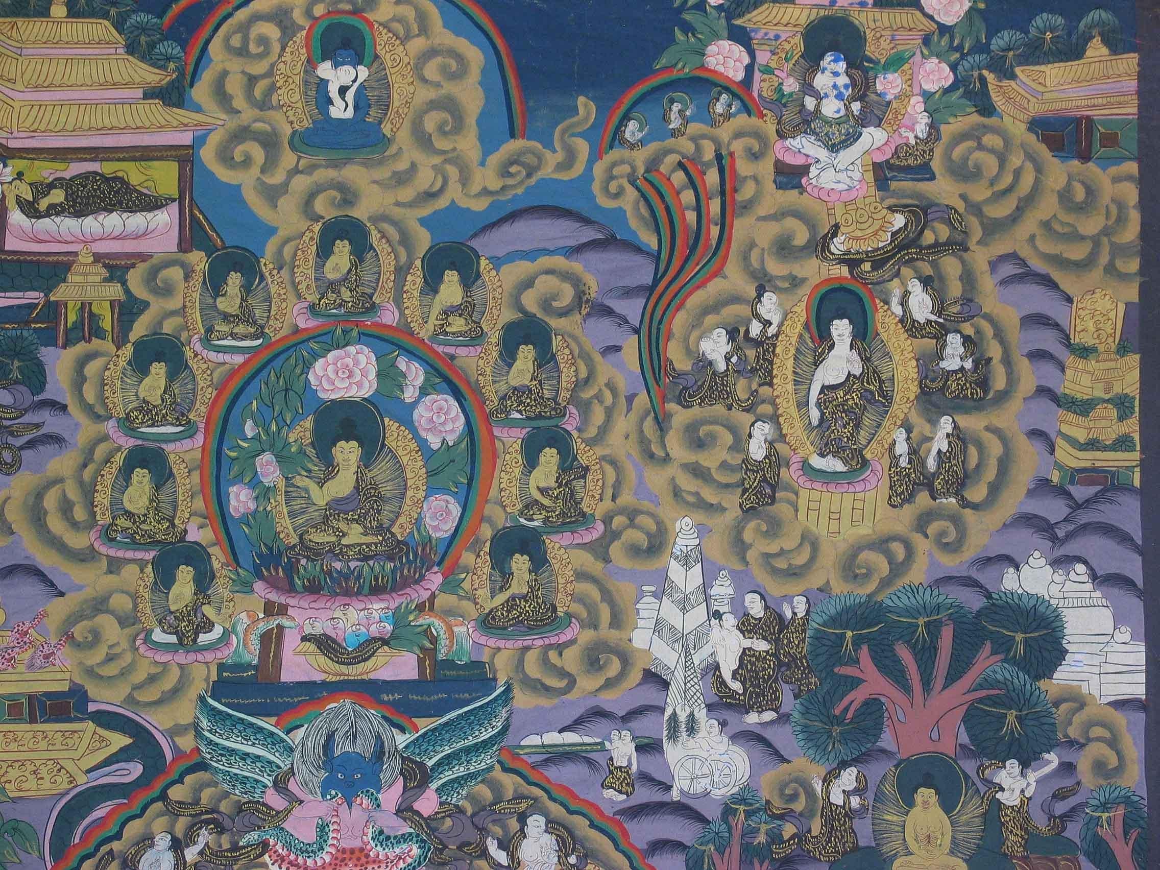 Thangka of Shakyamuni Buddha and His Life Stories, Tibet Early 20th Century In Good Condition In Ottawa, Ontario
