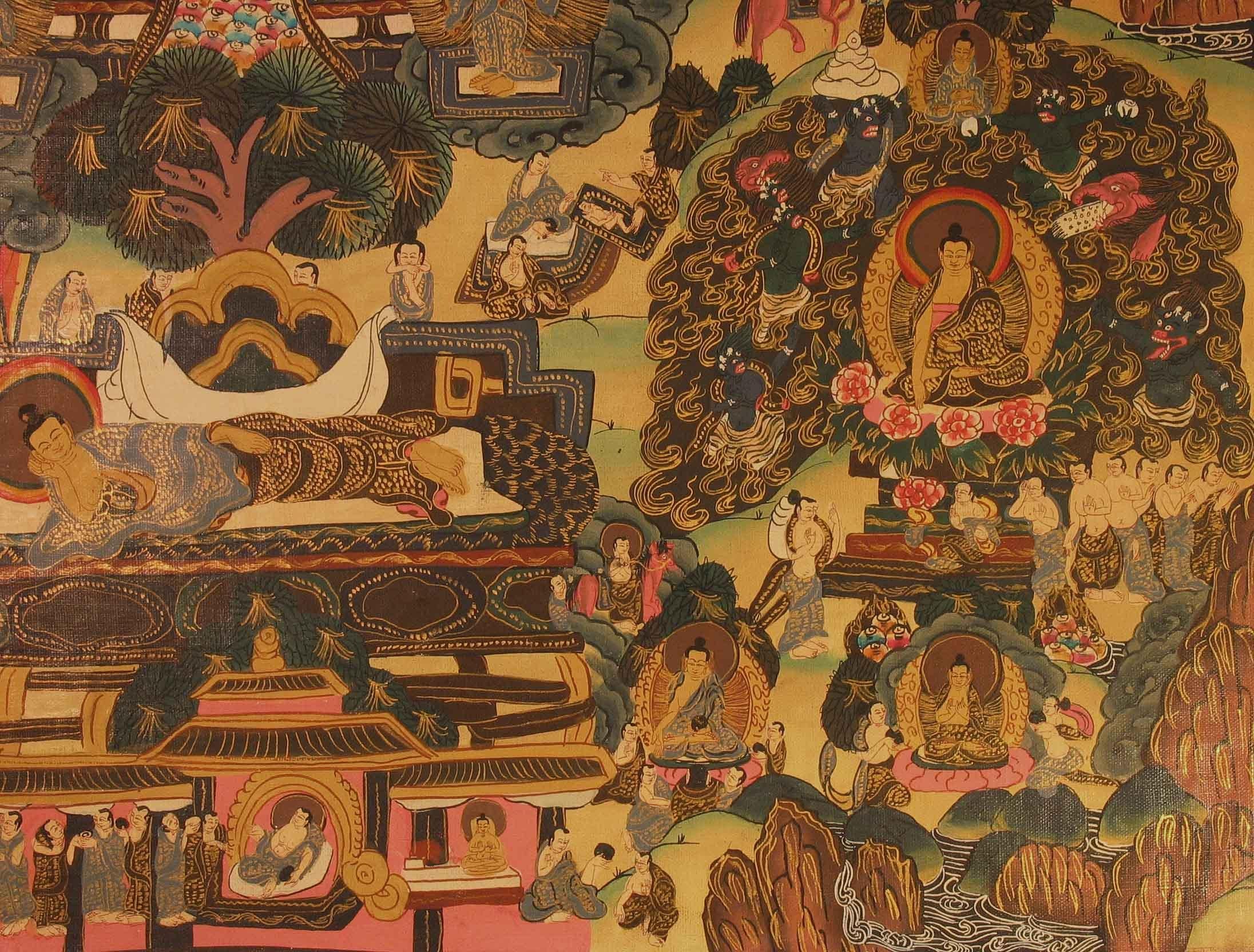 Linen Thangka of Shakyamuni Buddha and His Life Stories Tibet, Early 20th Century