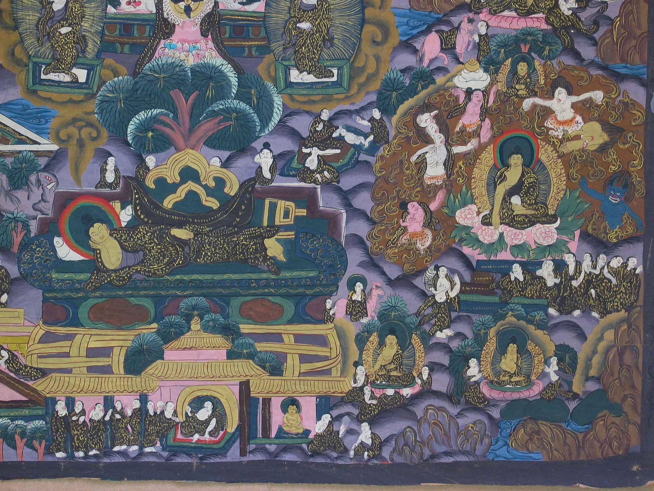 Linen Thangka of Shakyamuni Buddha and His Life Stories, Tibet Early 20th Century