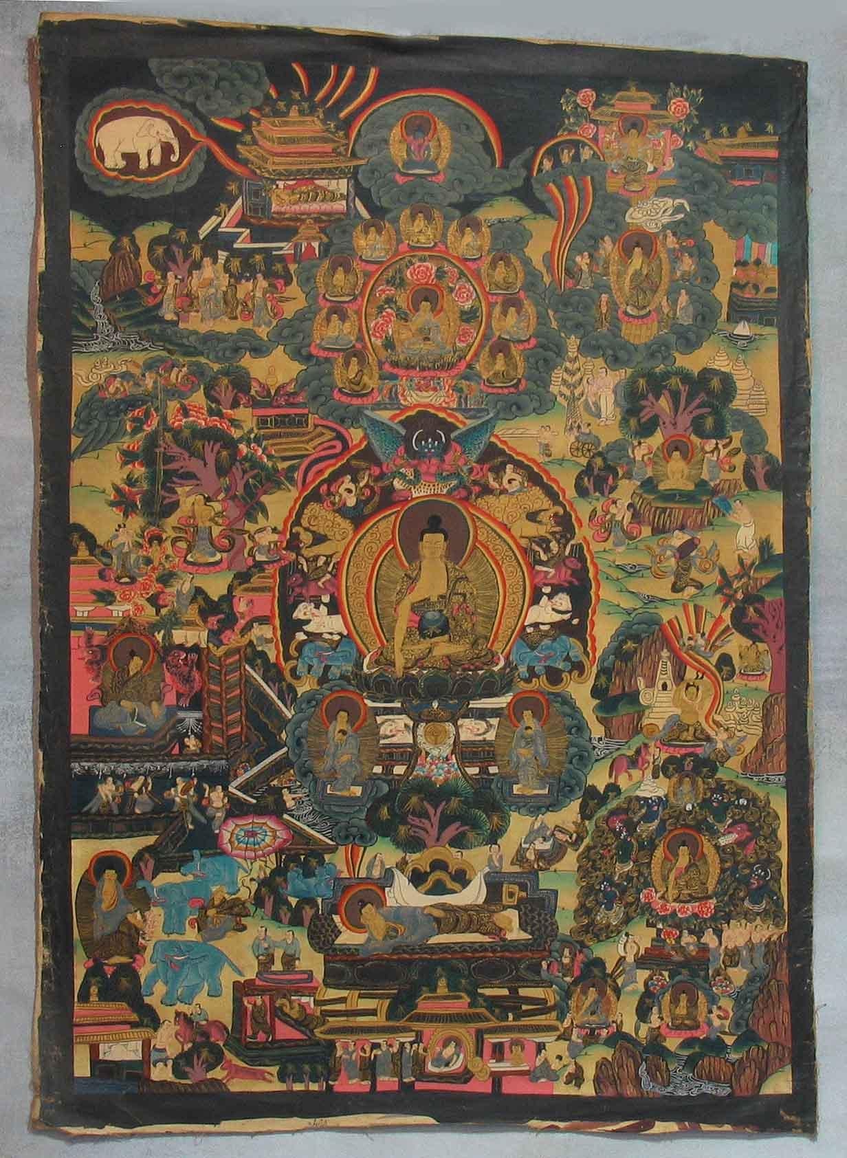Thangka of Shakyamuni Buddha and His Life Stories Tibet, Early 20th Century 1