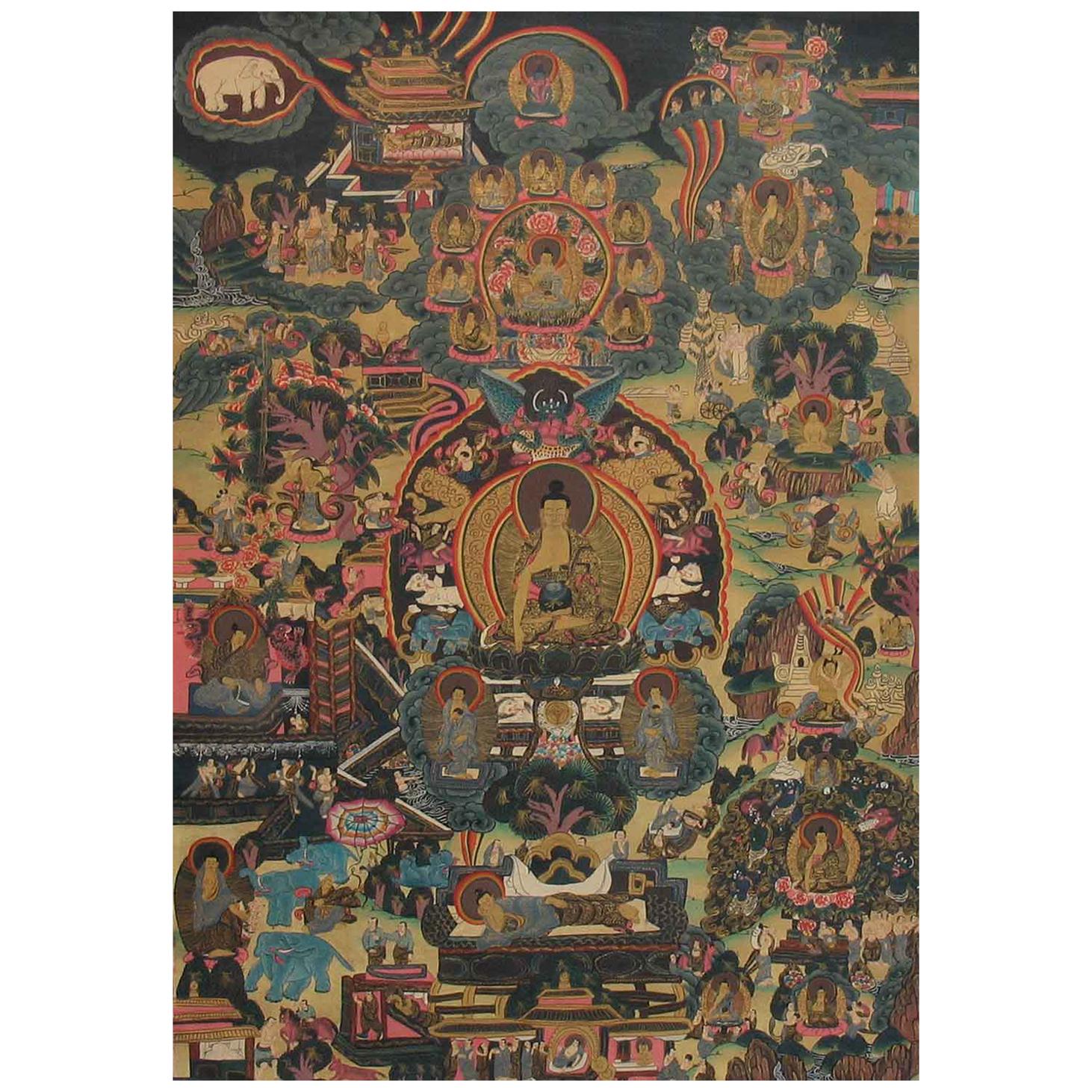 Thangka of Shakyamuni Buddha and His Life Stories Tibet, Early 20th Century