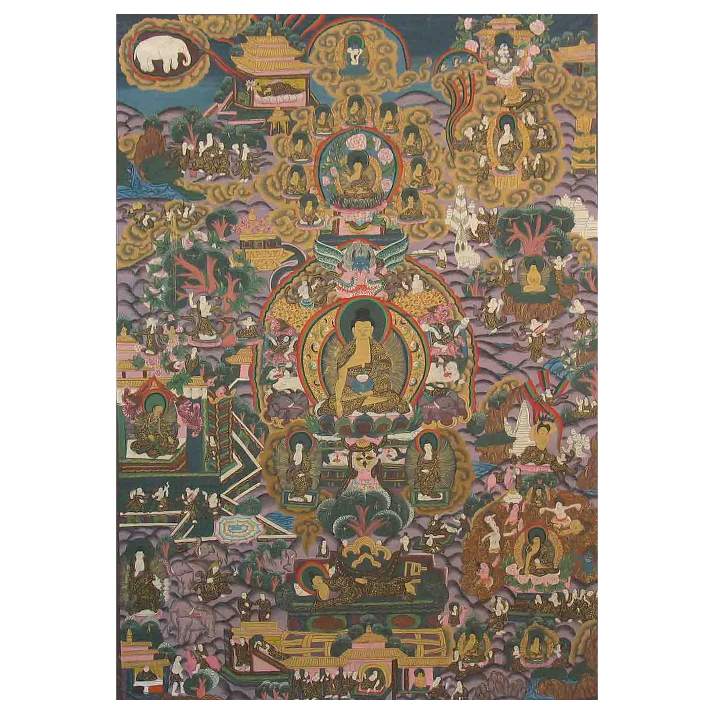 Thangka of Shakyamuni Buddha and His Life Stories, Tibet Early 20th Century