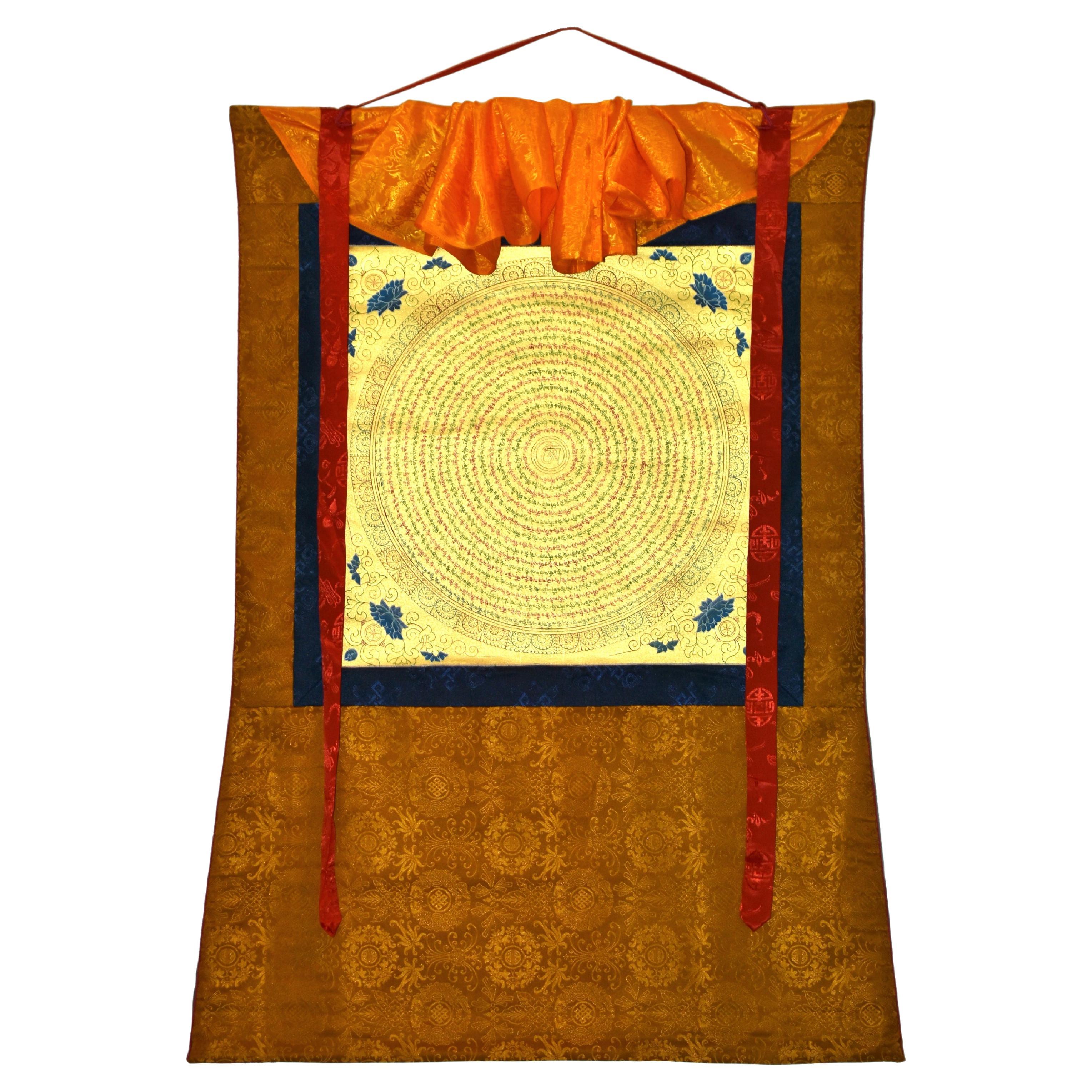 Tibetisches Gemälde Thangka Sanskrit Mandala Mantra, handbemalt und vergoldet im Angebot