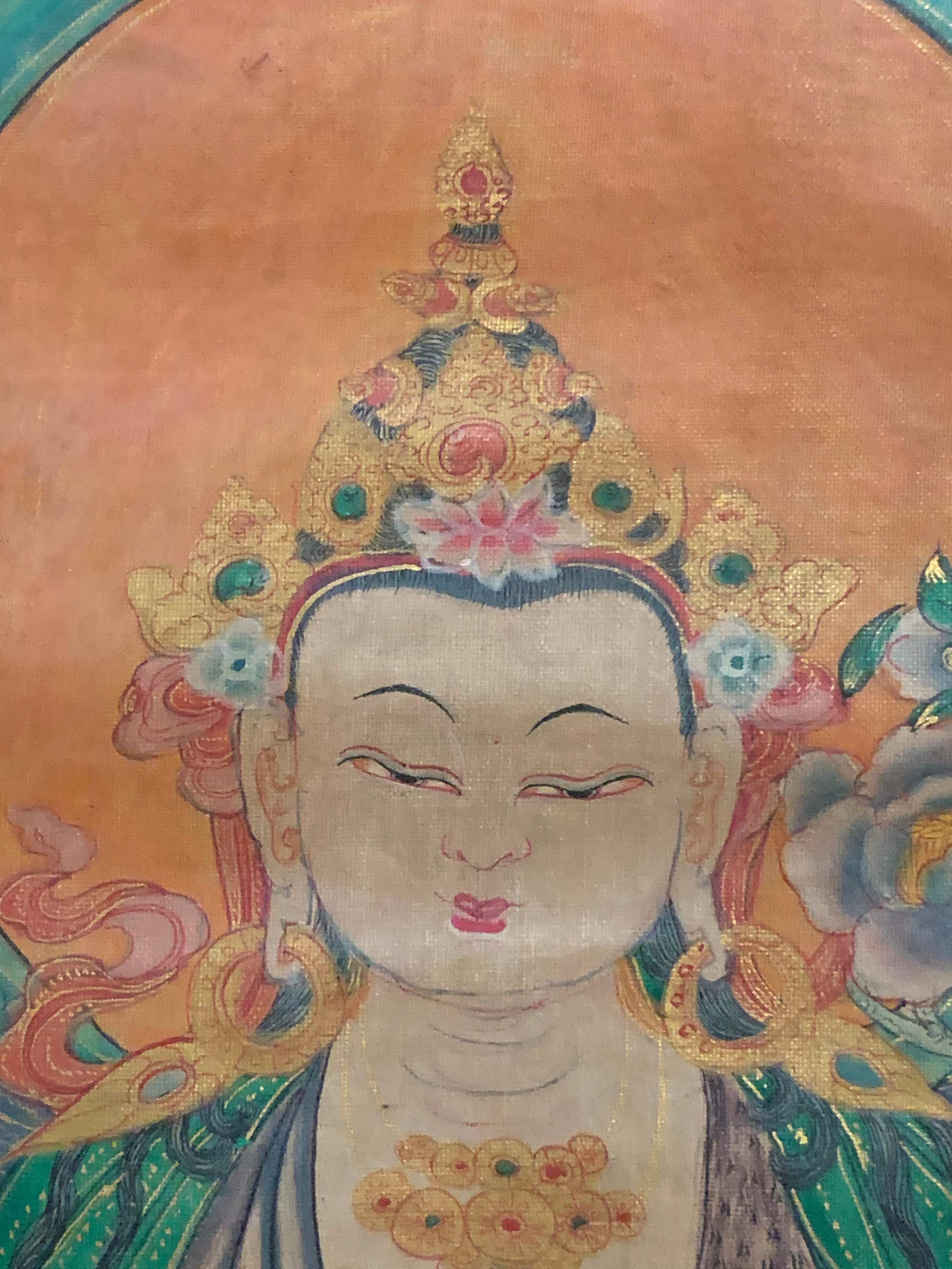 Thangka Sino-Tibetan « the Main Bodhisattva » Silk Framing 18th In Good Condition In Beuzevillette, FR