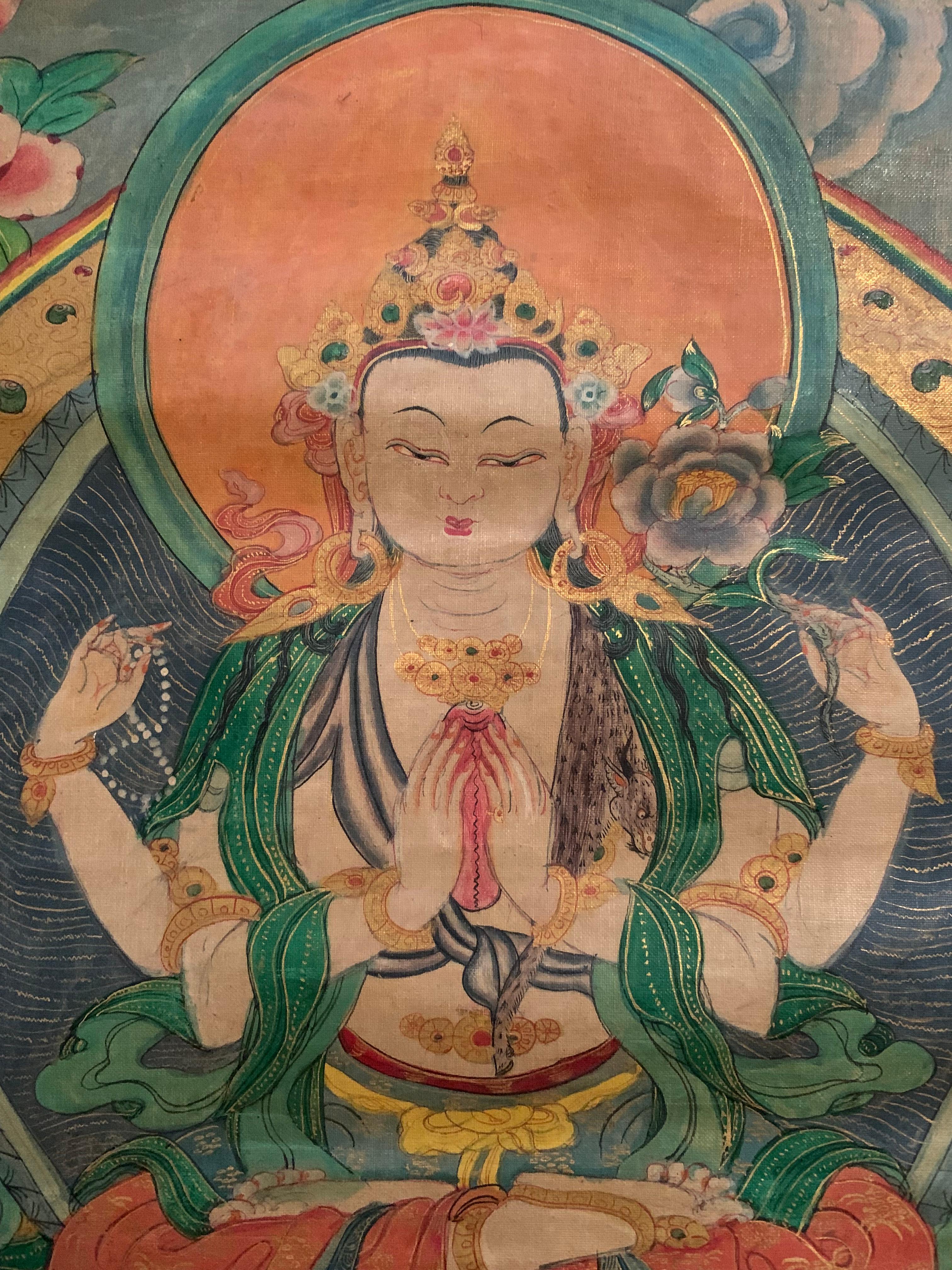 18th Century Thangka Sino-Tibetan « the Main Bodhisattva » Silk Framing 18th