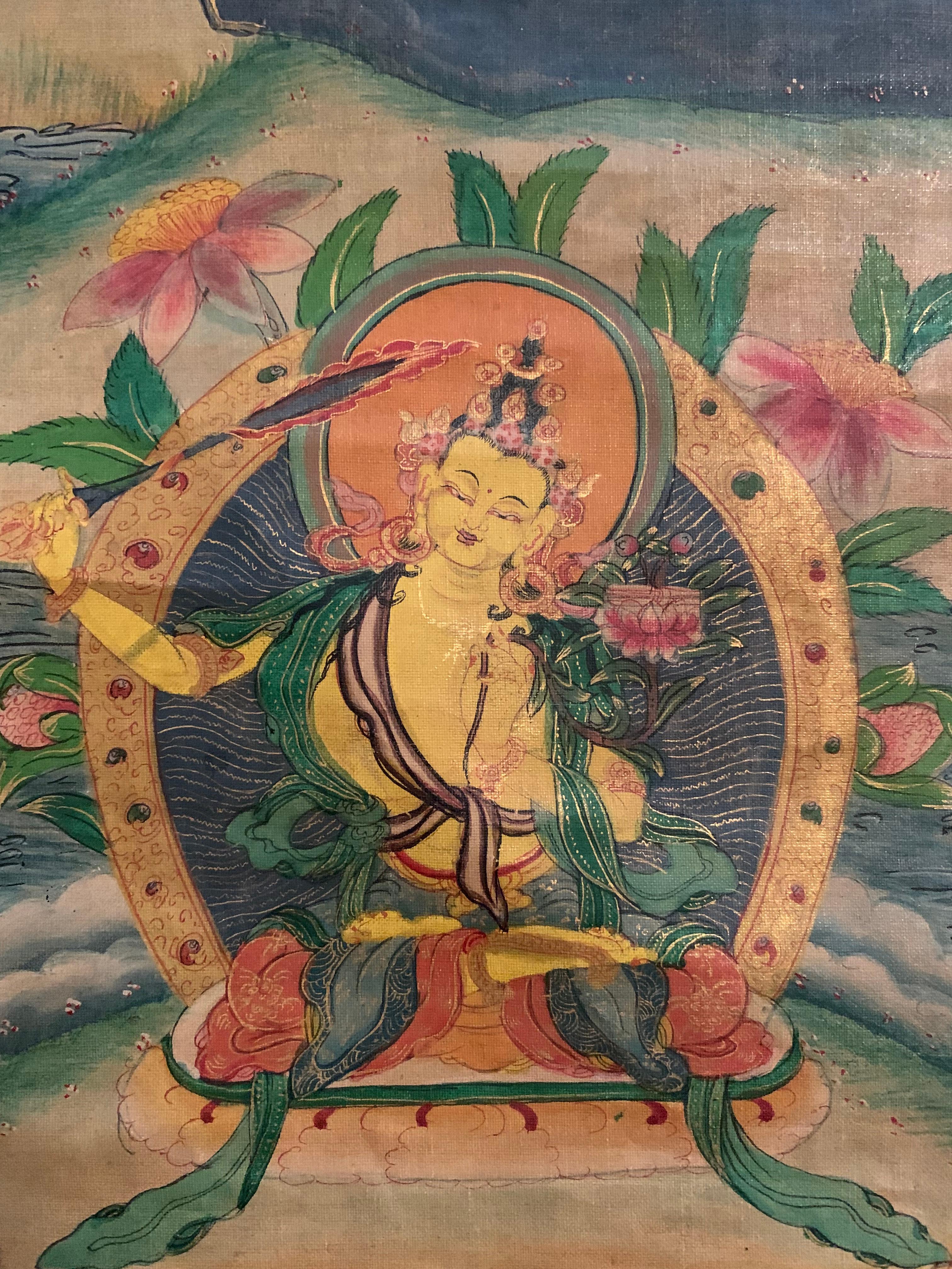 Canvas Thangka Sino-Tibetan « the Main Bodhisattva » Silk Framing 18th
