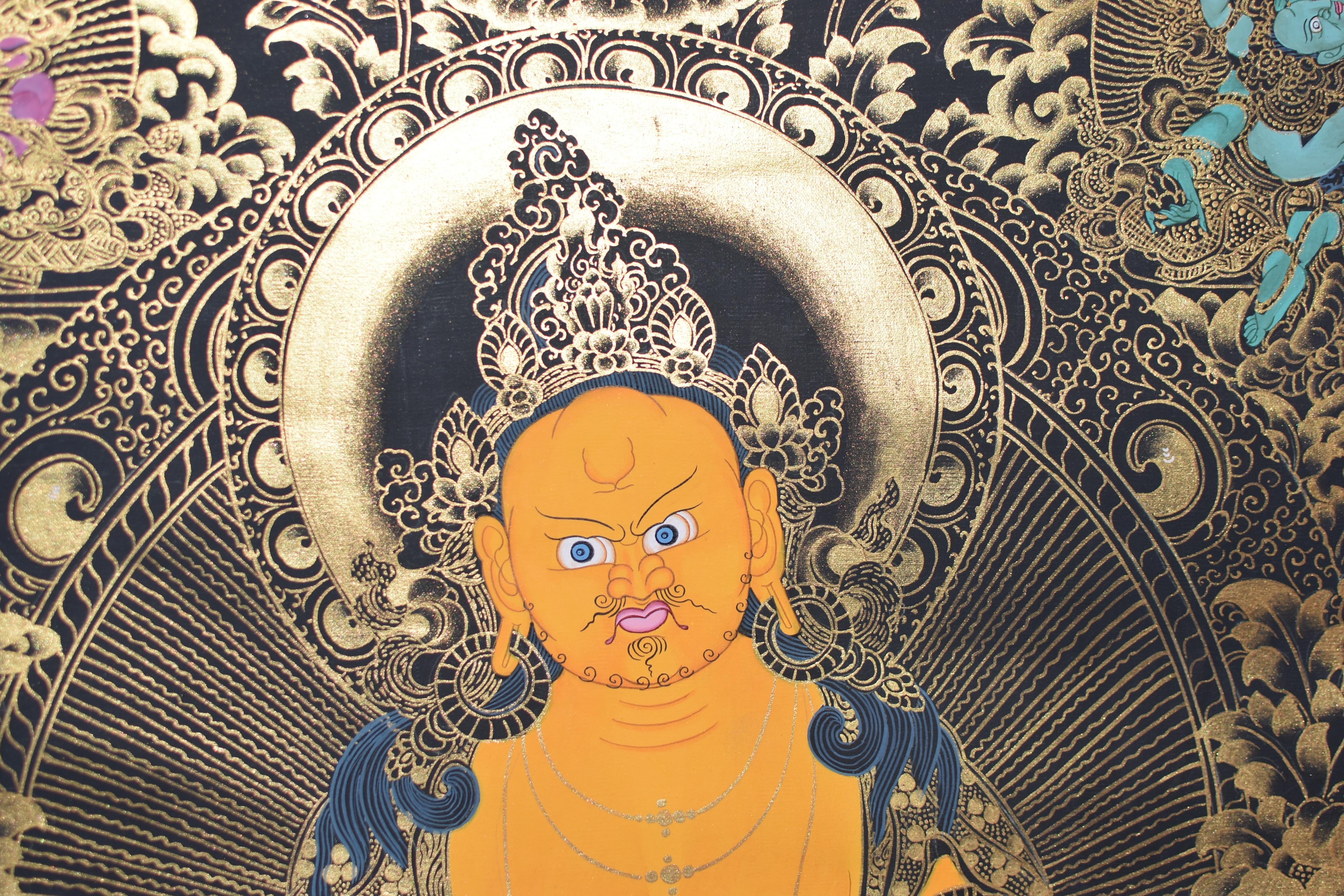 Tibetisches Gemälde Thangka Wealth God Jambhala, handbemalt  (Nepalesisch) im Angebot