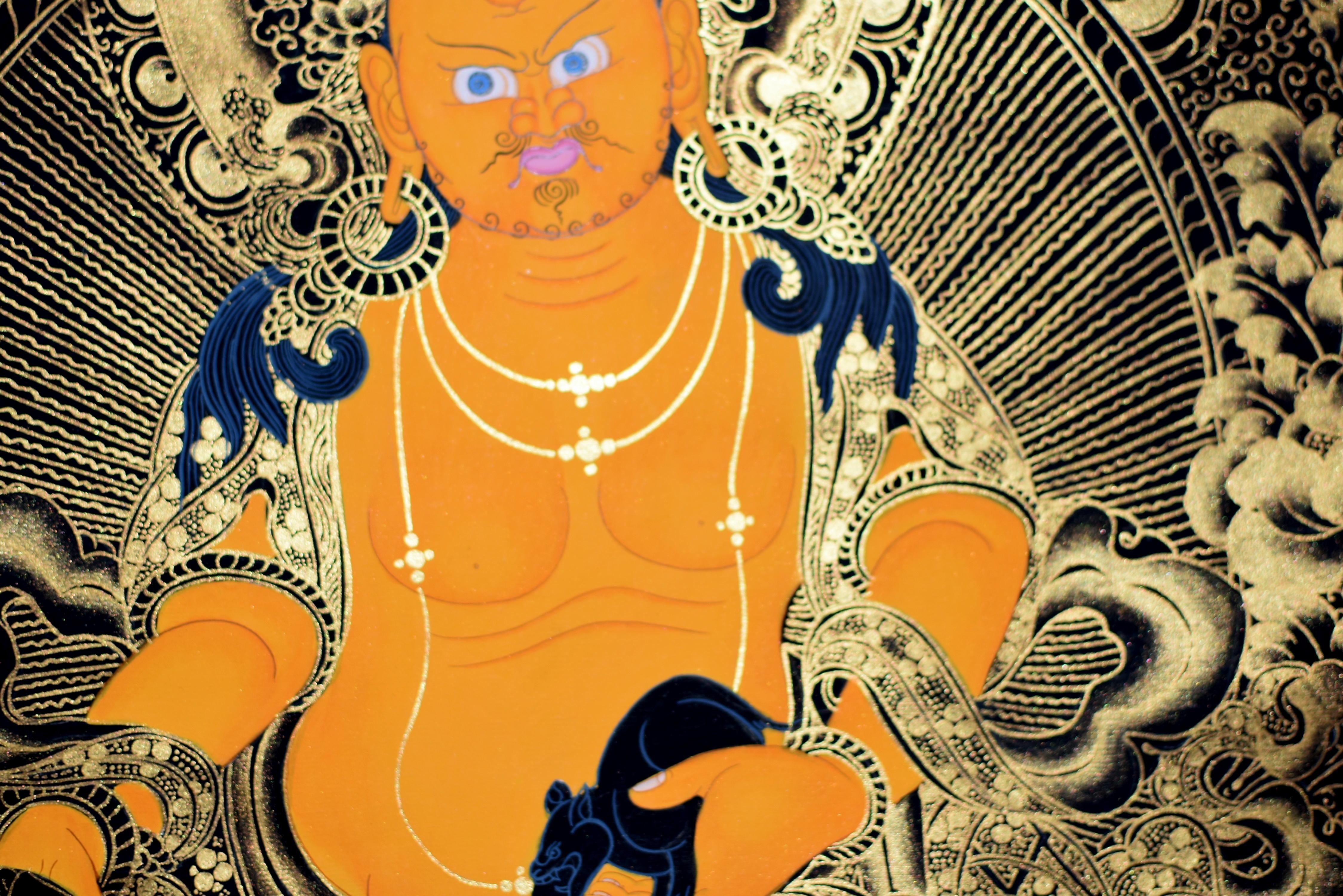 Hand-Painted Tibetan Painting Thangka Wealth God Jambhala Hand Painted  For Sale