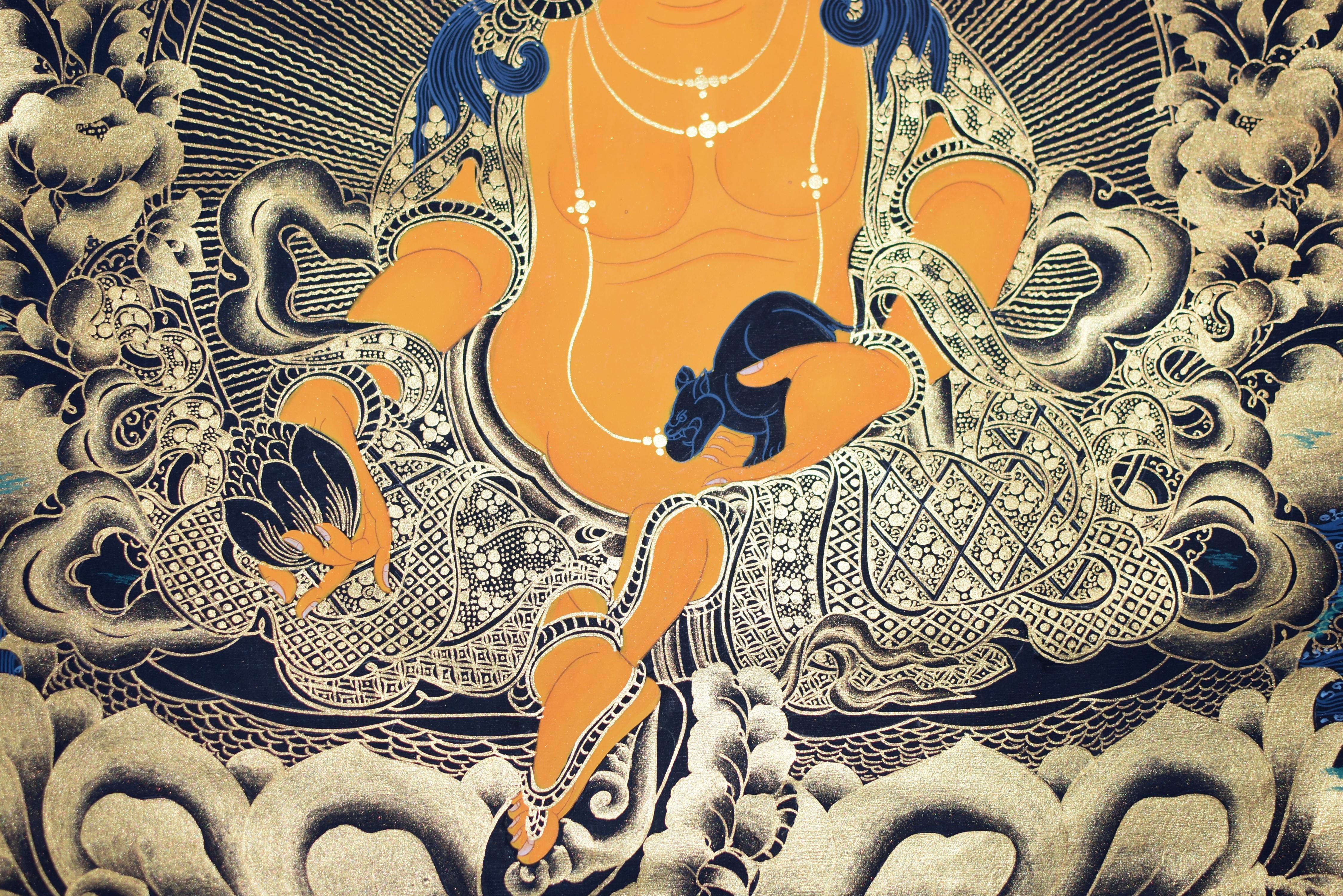 Tibetisches Gemälde Thangka Wealth God Jambhala, handbemalt  im Zustand „Hervorragend“ im Angebot in Somis, CA