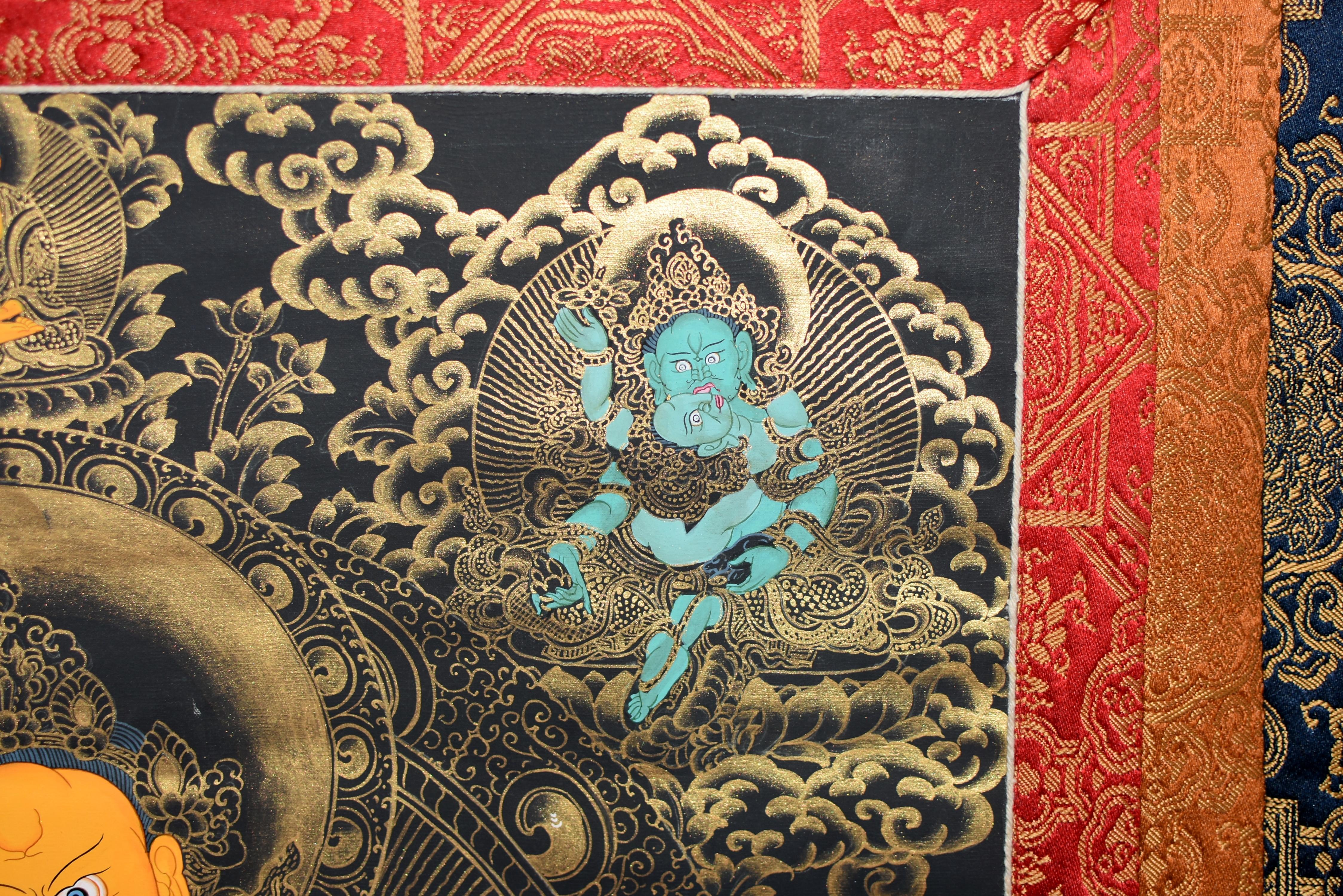 Tibetisches Gemälde Thangka Wealth God Jambhala, handbemalt  (21. Jahrhundert und zeitgenössisch) im Angebot