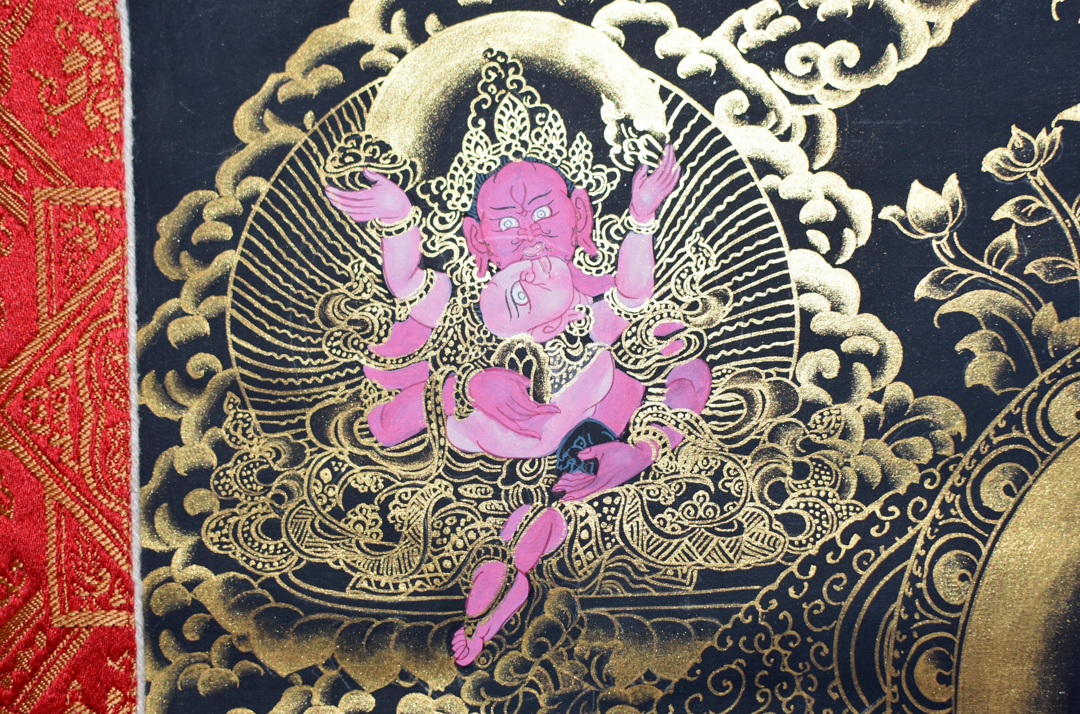 Tibetisches Gemälde Thangka Wealth God Jambhala, handbemalt  (Brokat) im Angebot