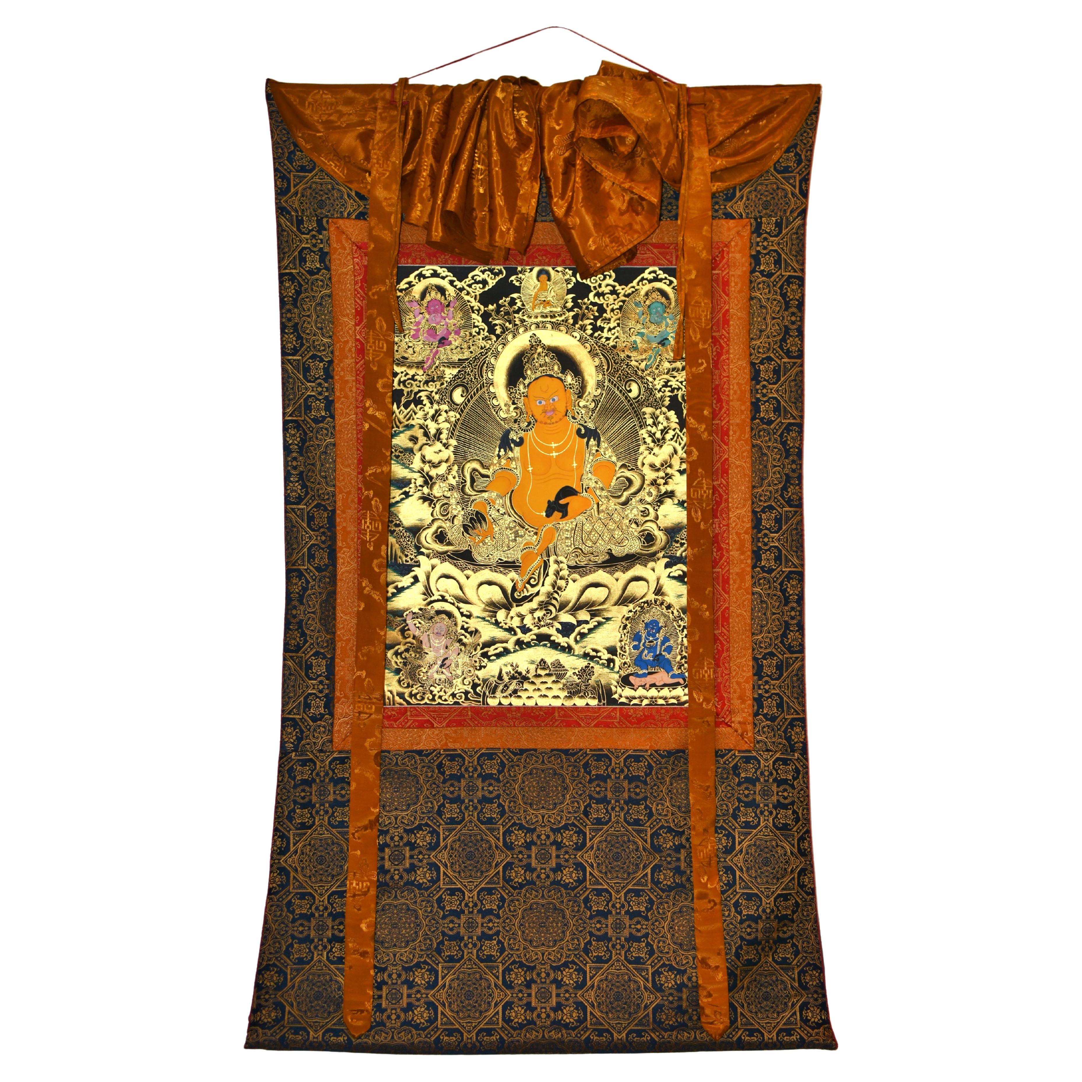 Tibetisches Gemälde Thangka Wealth God Jambhala, handbemalt  im Angebot