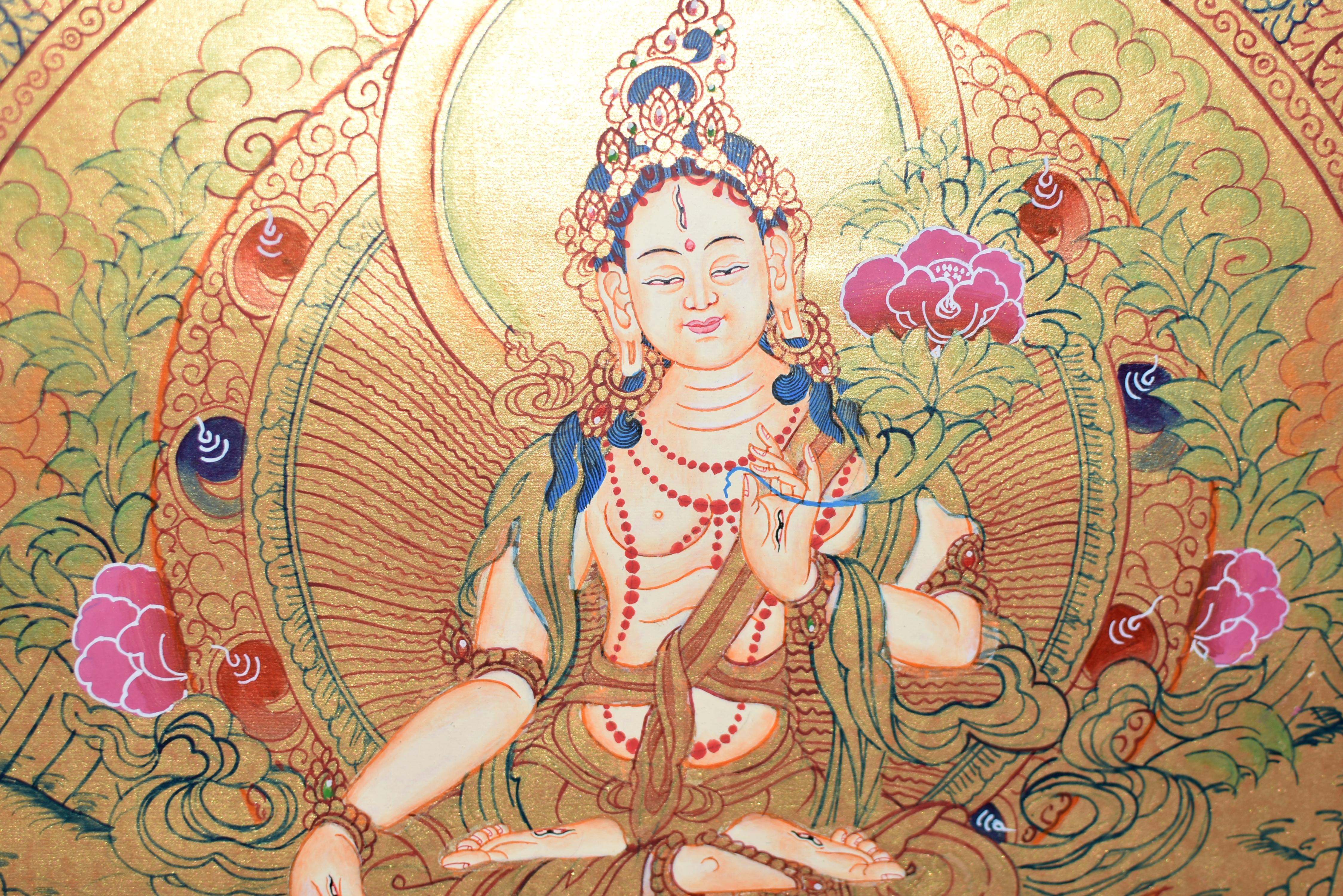 Tibetisches Gemälde Thangka Weiß Tara Mantra Acht Schätze Handbemalt  im Zustand „Hervorragend“ im Angebot in Somis, CA