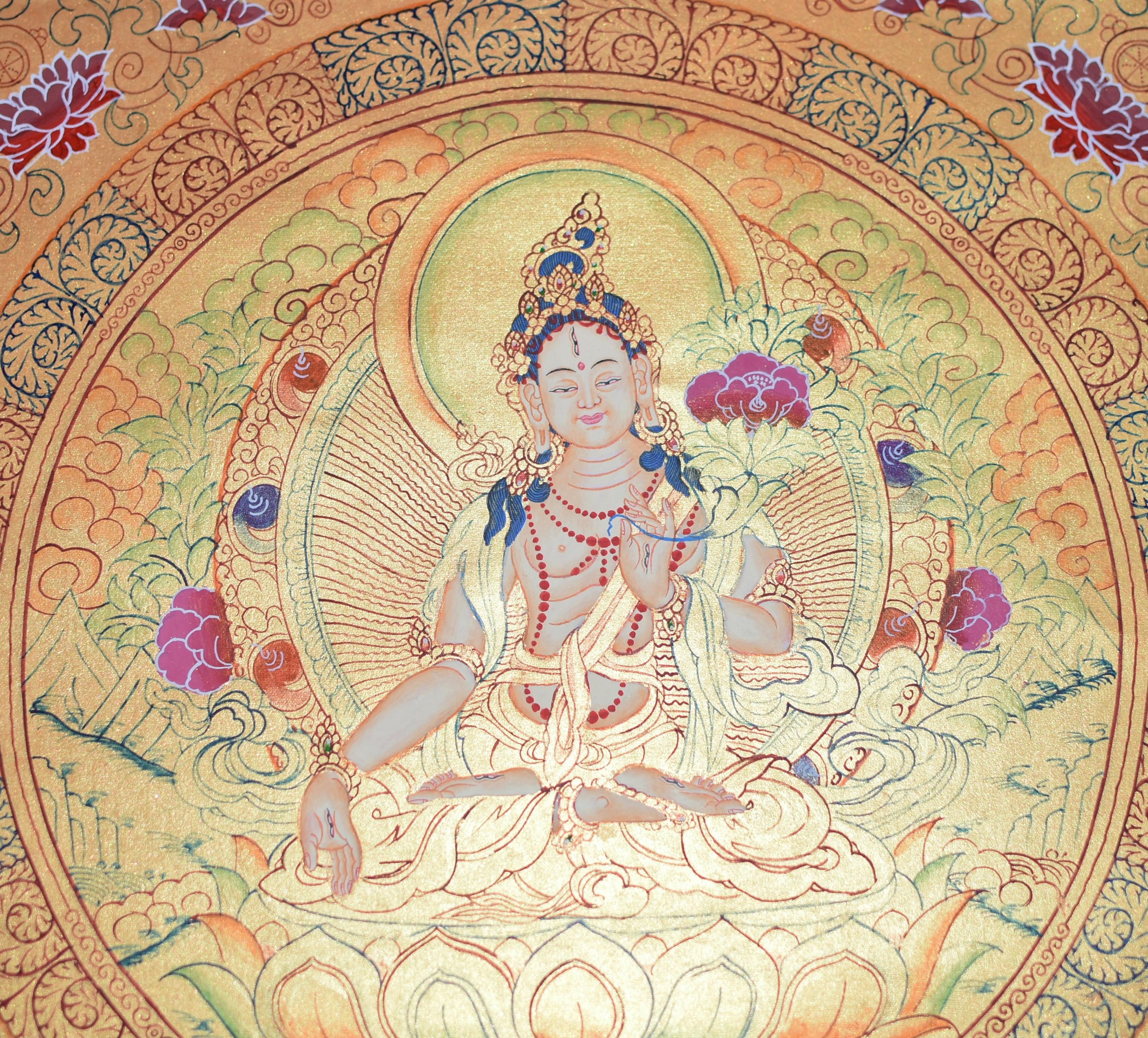Tibetan Painting Thangka White Tara Mantra Eight Treasures Hand Painted  In Excellent Condition For Sale In Somis, CA