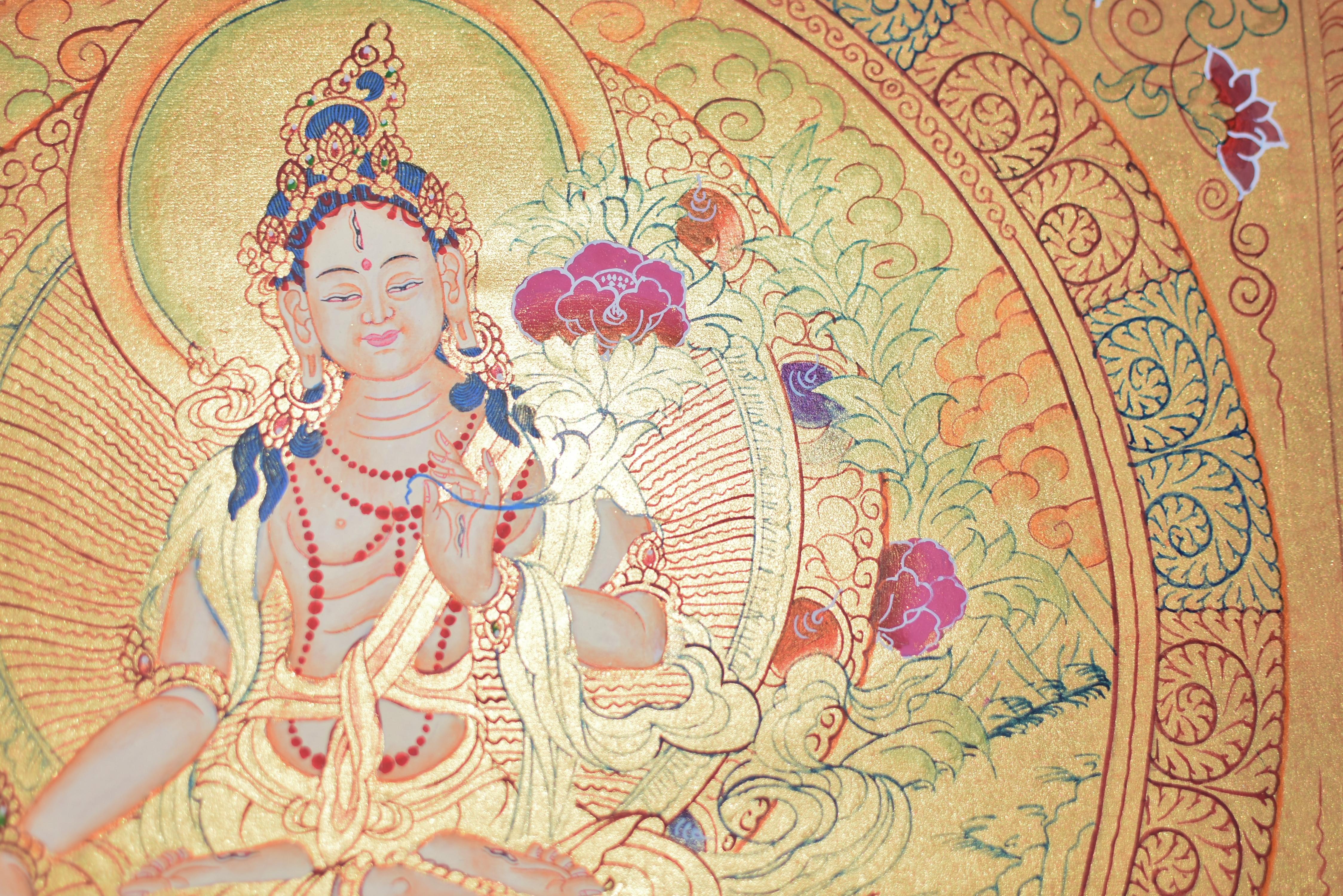 Brocade Tibetan Painting Thangka White Tara Mantra Eight Treasures Hand Painted  For Sale