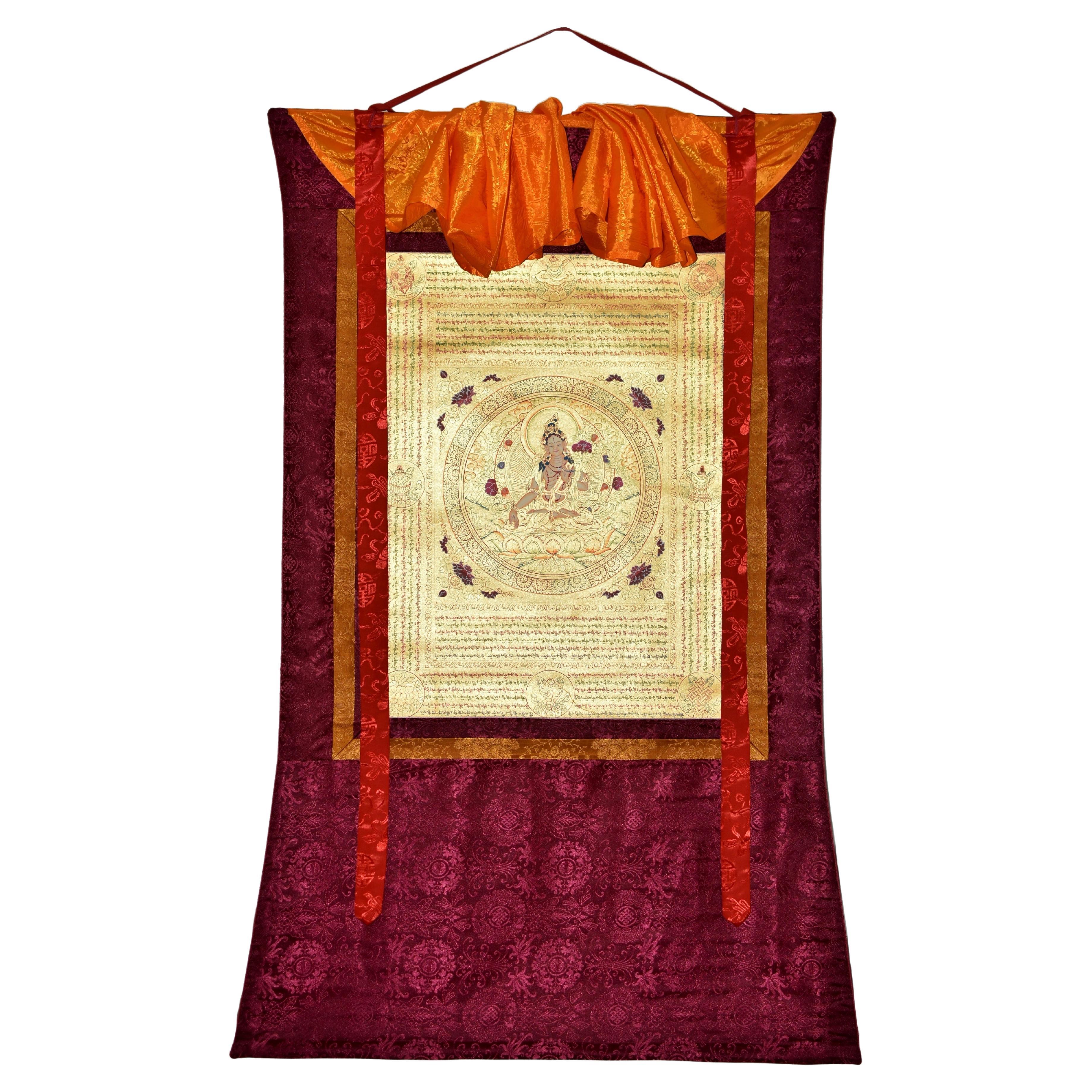 Tibetisches Gemälde Thangka Weiß Tara Mantra Acht Schätze Handbemalt  im Angebot