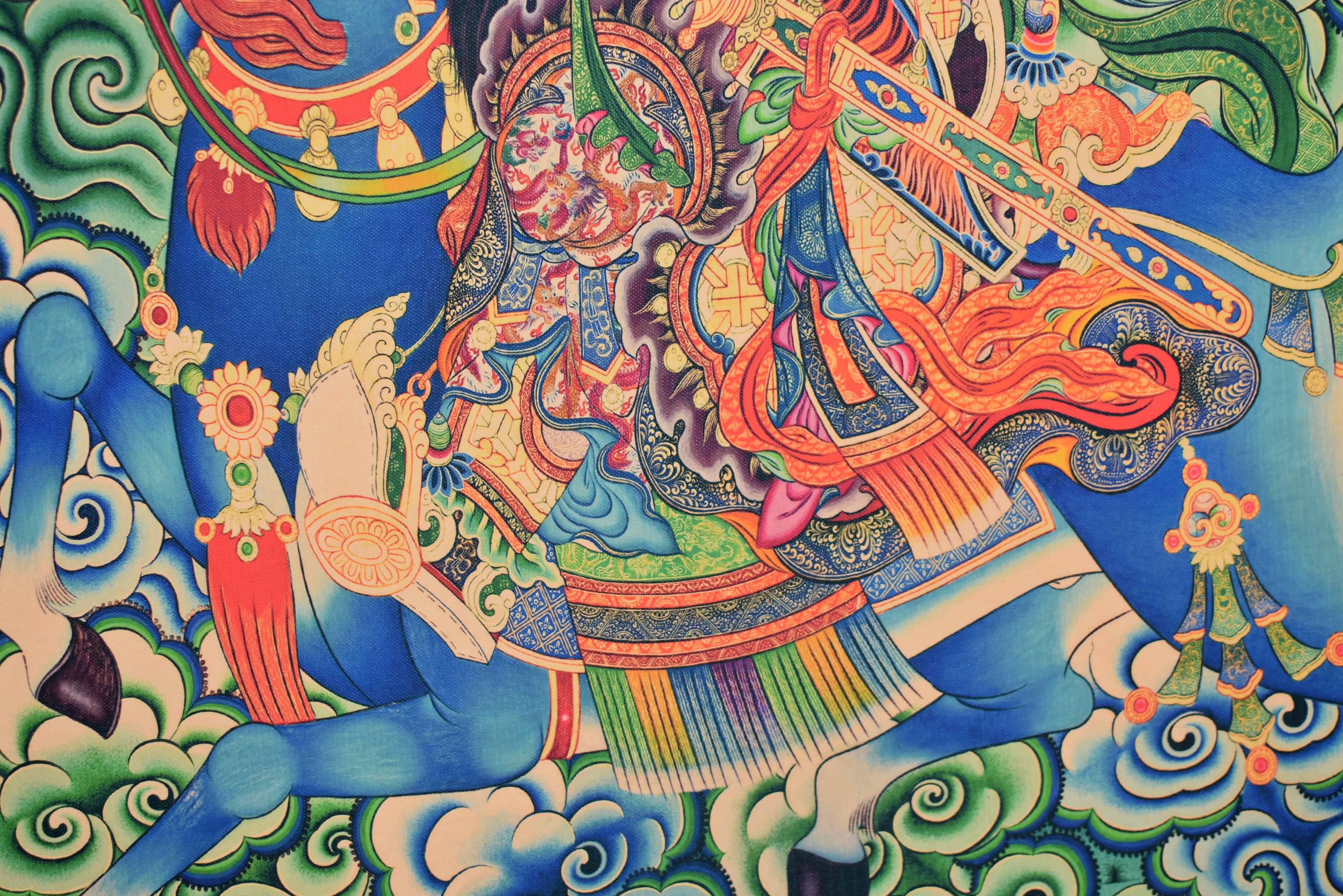 Thangka Weltlicher Beschützer Tibetische Kunst (Leinwand) im Angebot
